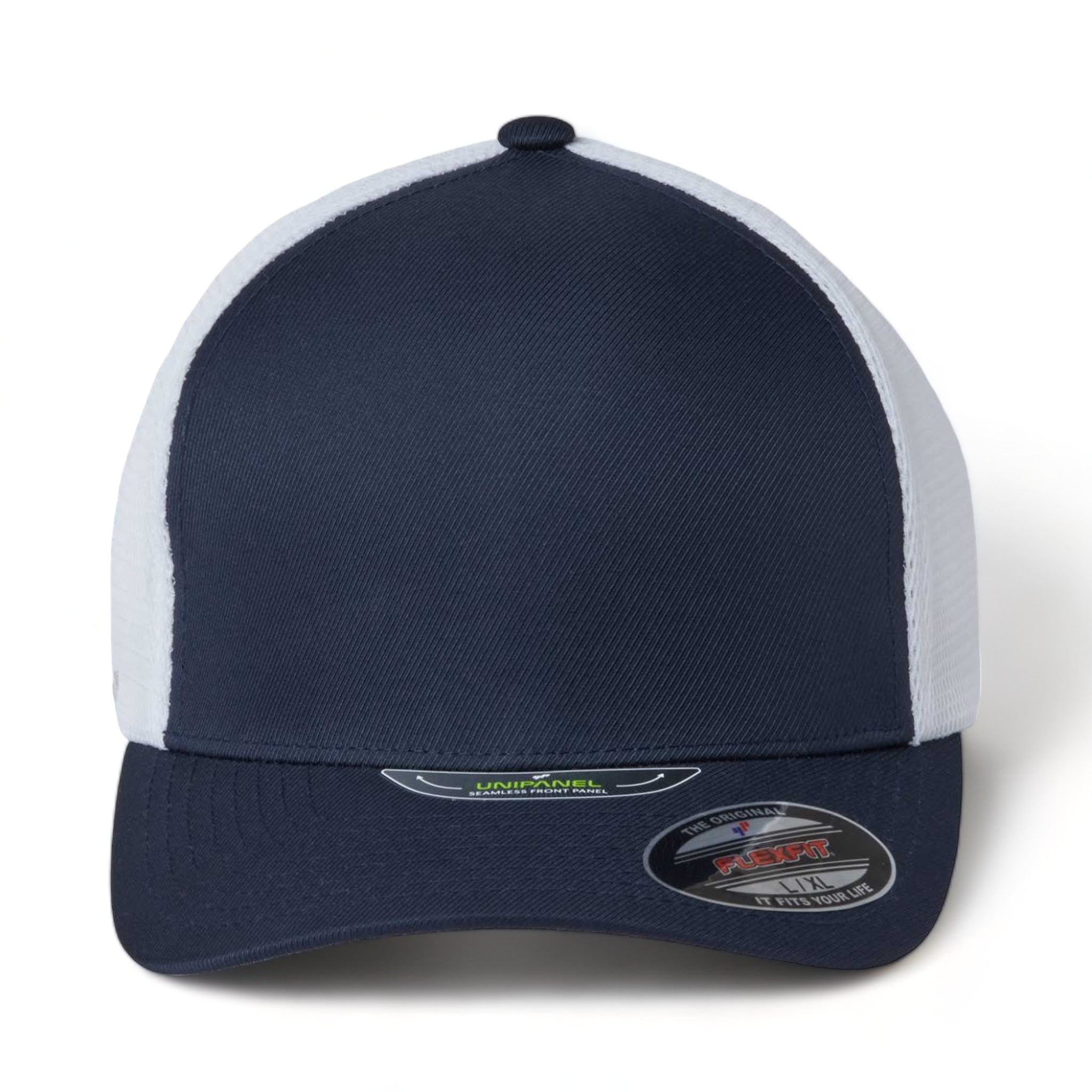 Front view of Flexfit 5511UP custom hat in true navy and white