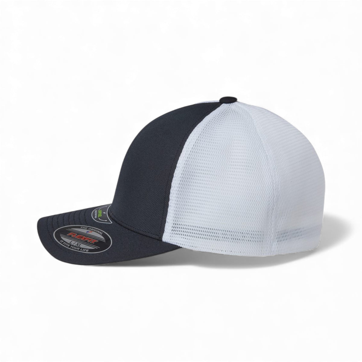 Left side view of Flexfit 5511UP custom hat in black and white