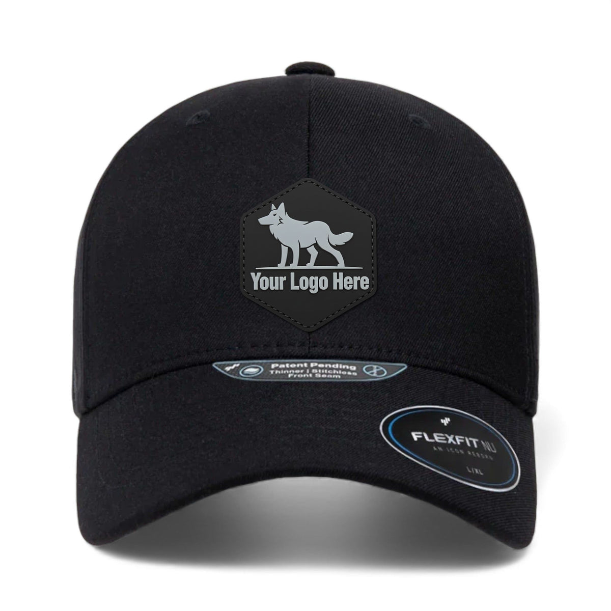 PVC patch preview of Flexfit 6100NU custom hat in black