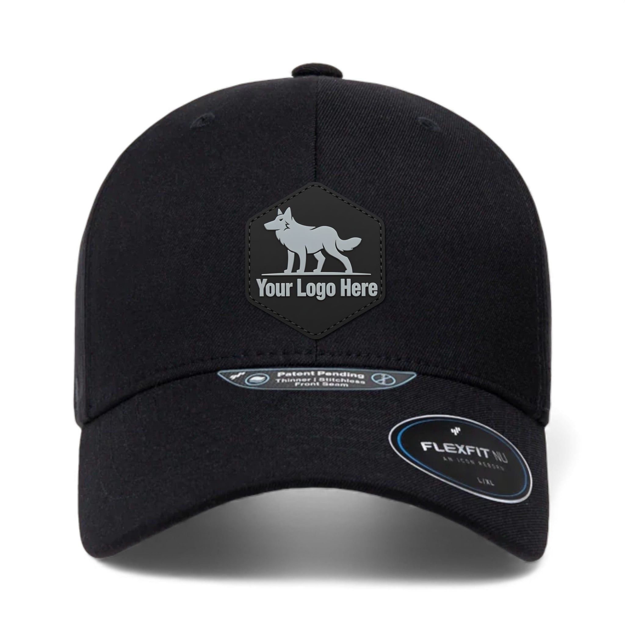 PVC patch preview of Flexfit 6100NU custom hat in black