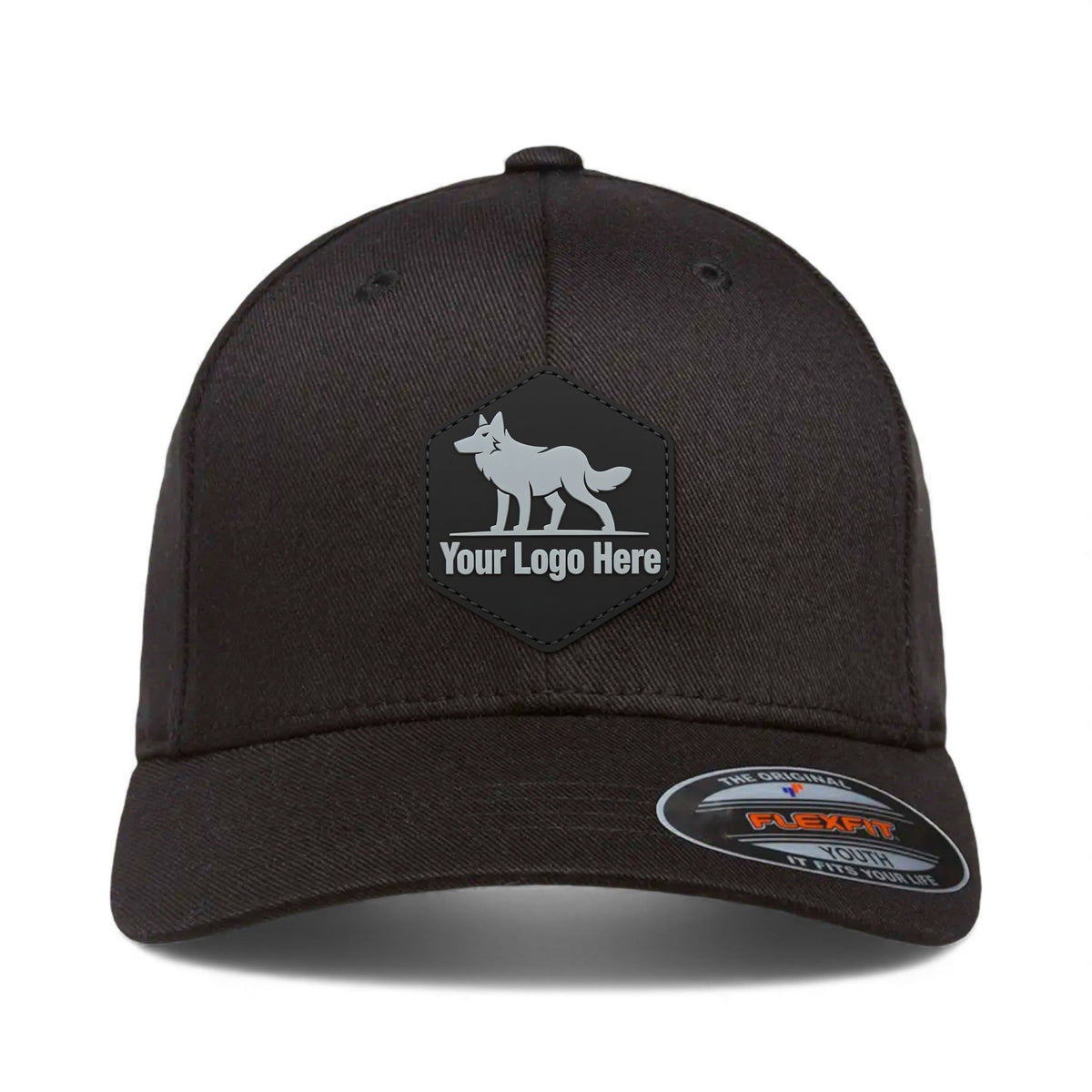 PVC patch preview of Flexfit 6277Y custom hat in black