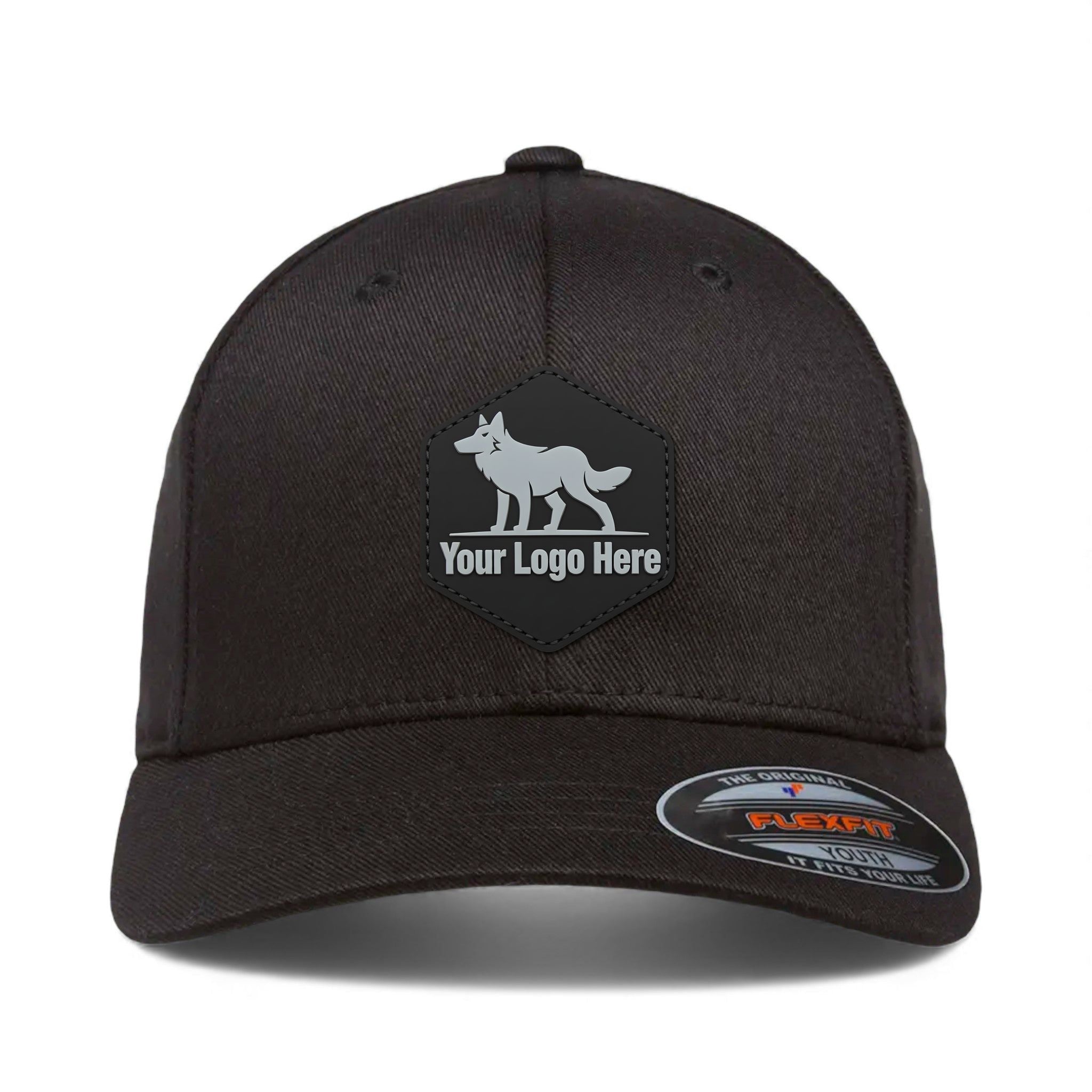 PVC patch preview of Flexfit 6277Y custom hat in black