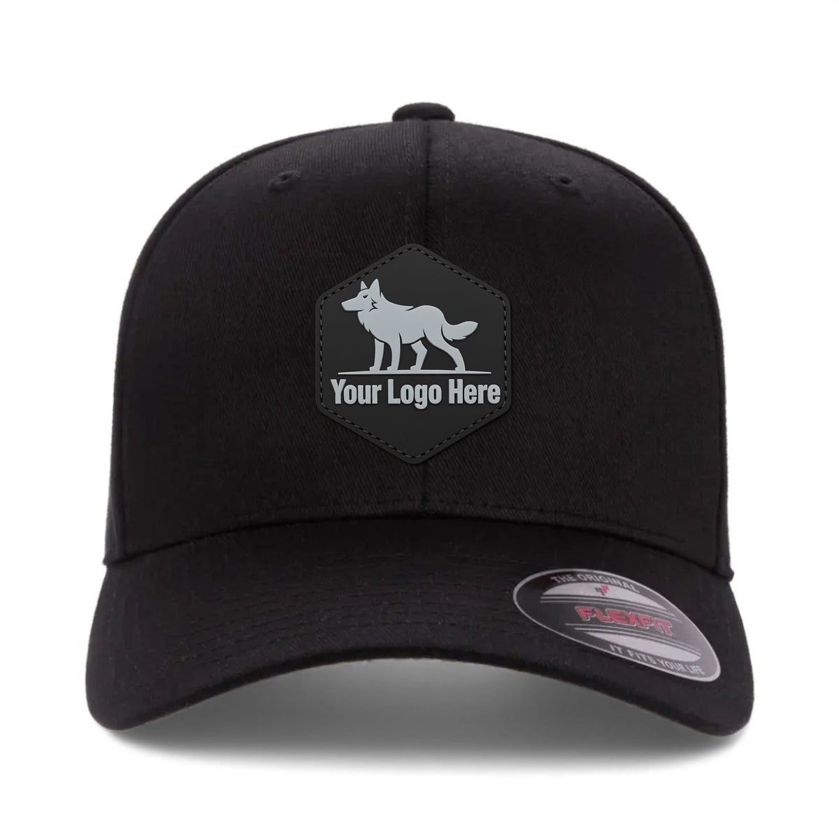 PVC patch preview of Flexfit 6277 custom hat in black