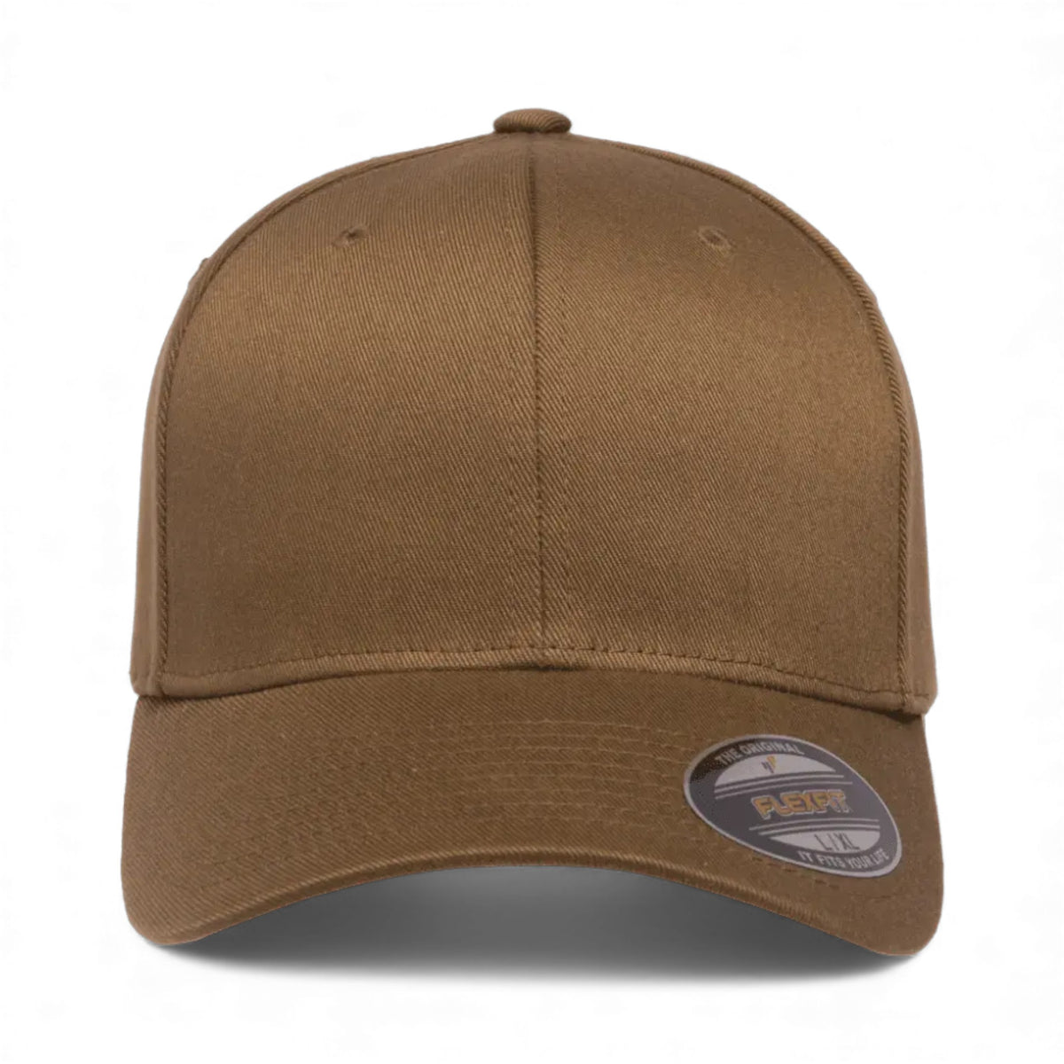 Front view of Flexfit 6277 custom hat in coyote brown