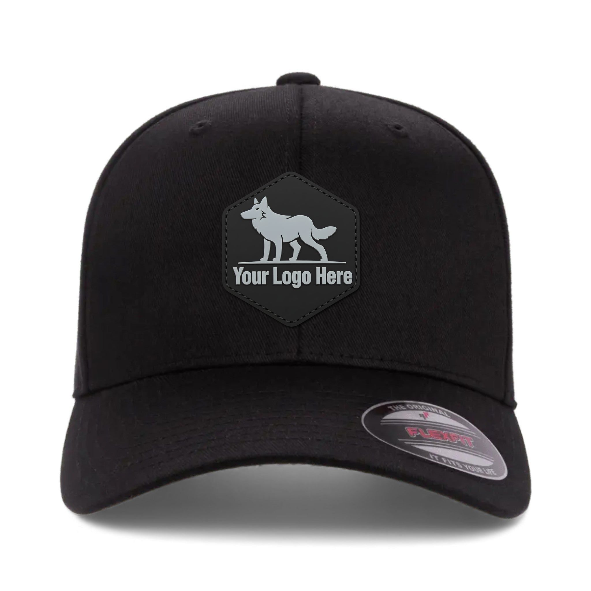 PVC patch preview of Flexfit 6277 custom hat in black