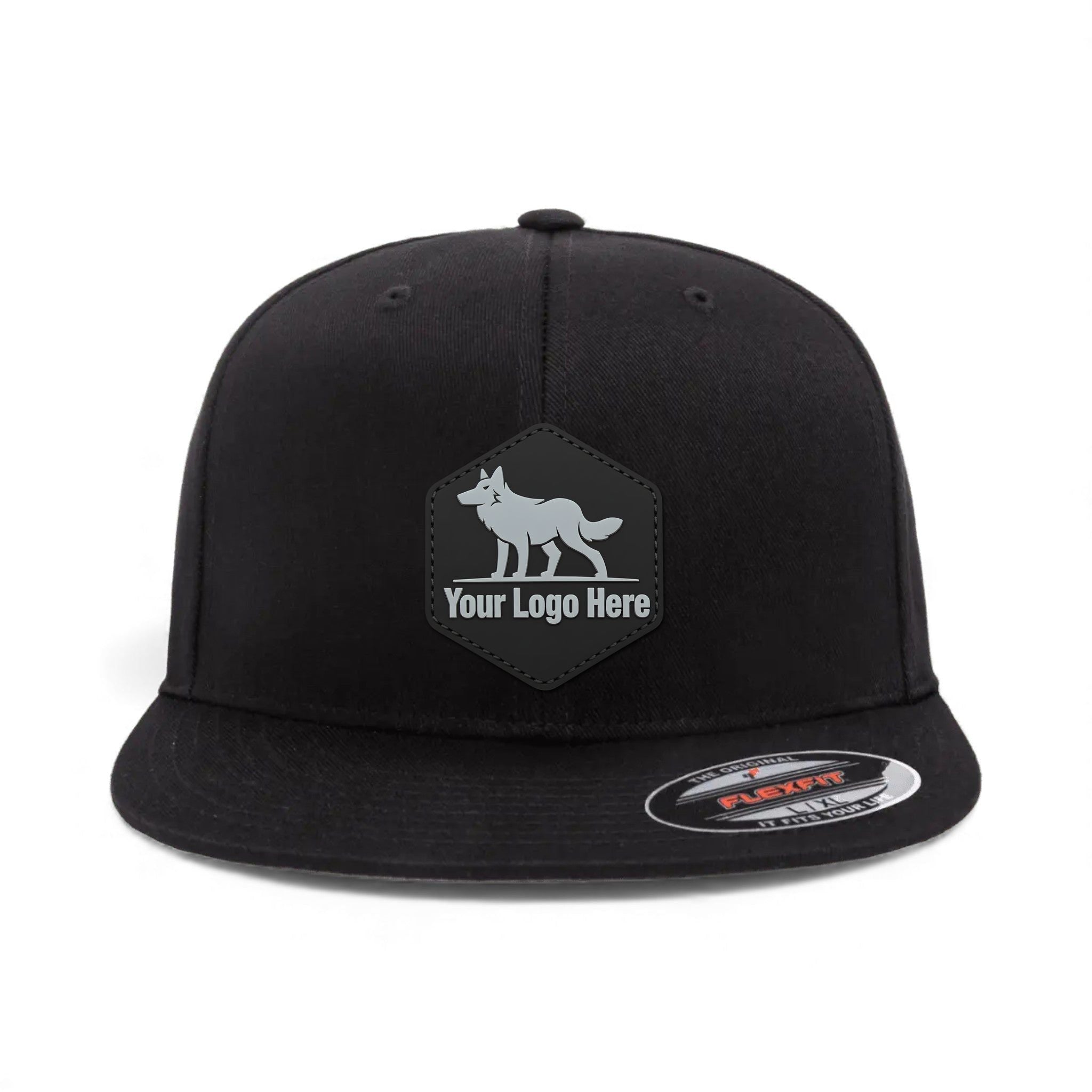 PVC patch preview of Flexfit 6297F custom hat in black