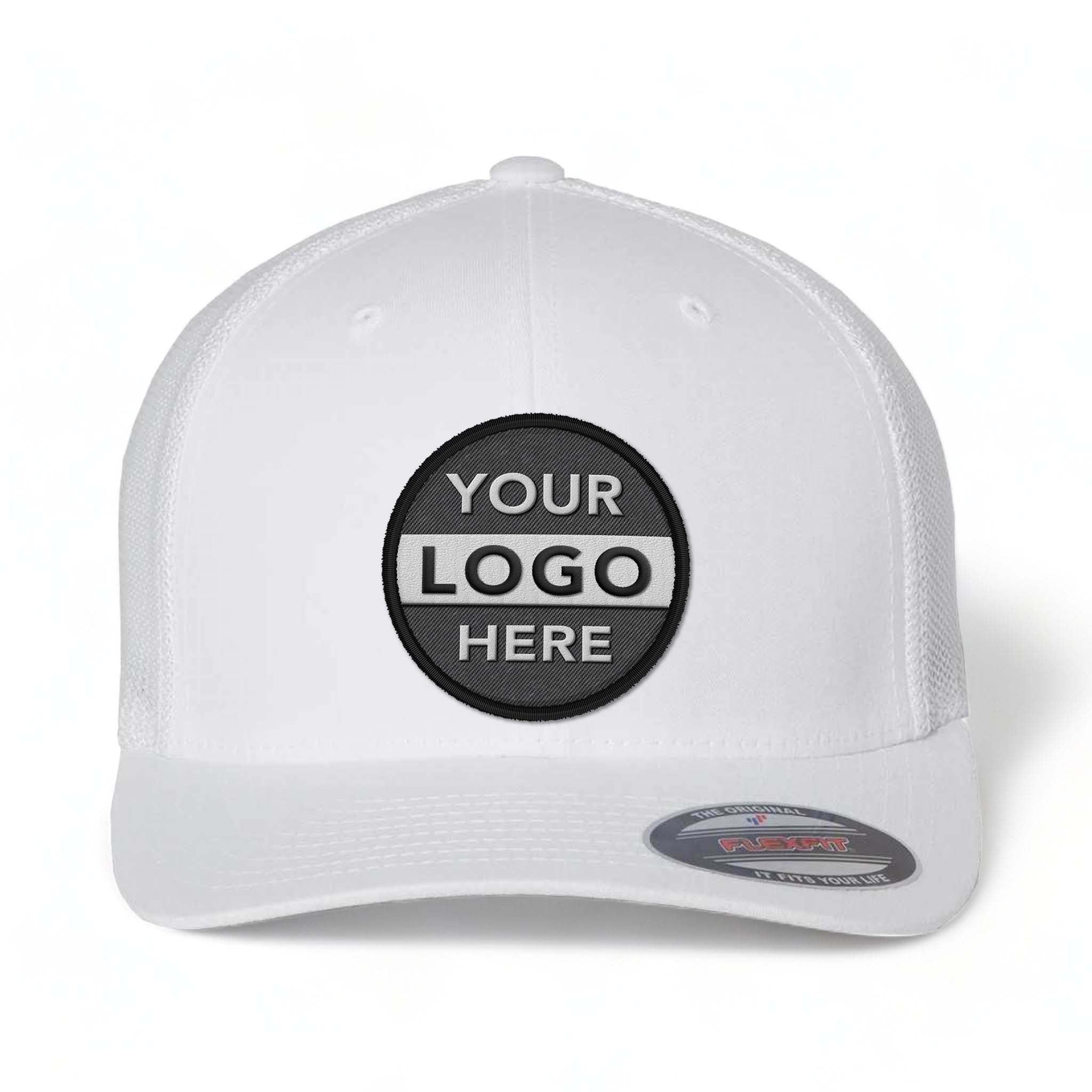 Flexfit 6511 custom embroidered patch hat in white