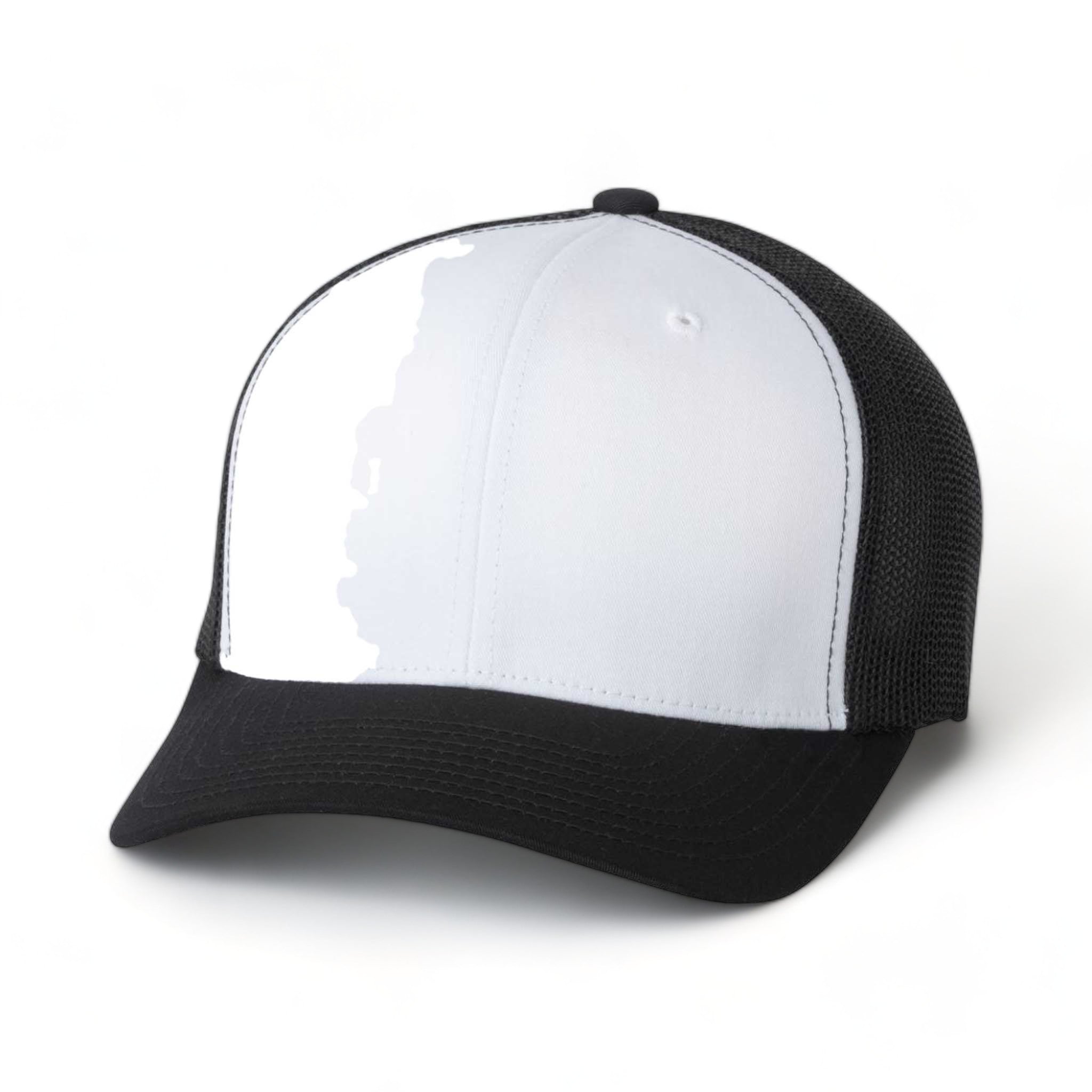 Front view of Flexfit 6511 custom hat in black, white and black