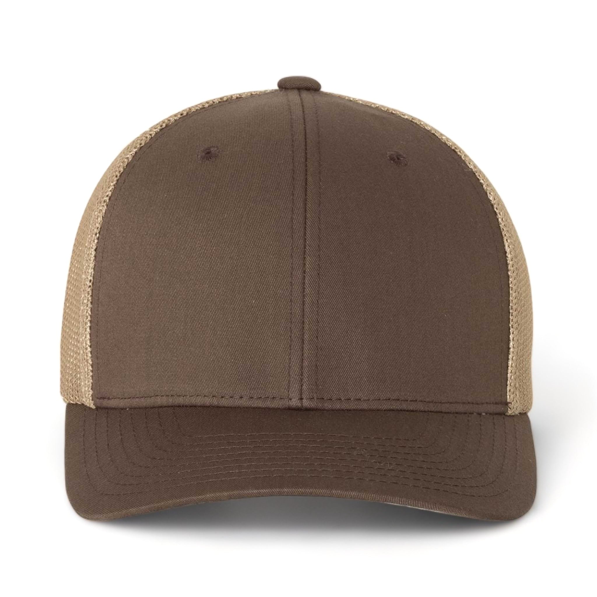 Front view of Flexfit 6511 custom hat in brown and khaki