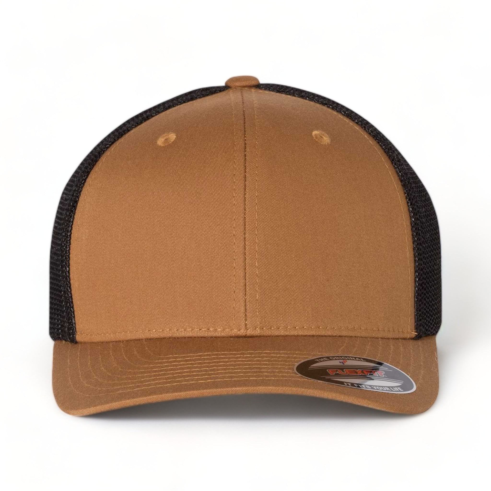 Front view of Flexfit 6511 custom hat in caramel and black