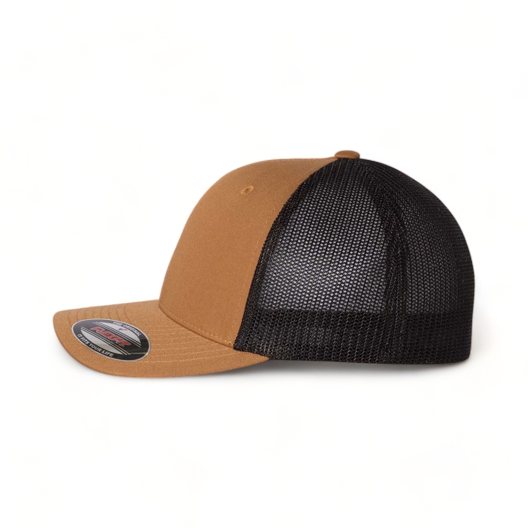 Side view of Flexfit 6511 custom hat in caramel and black