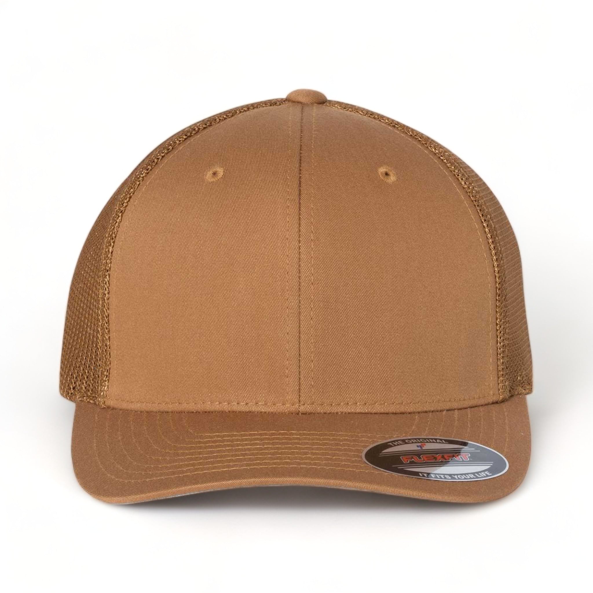 Front view of Flexfit 6511 custom hat in caramel