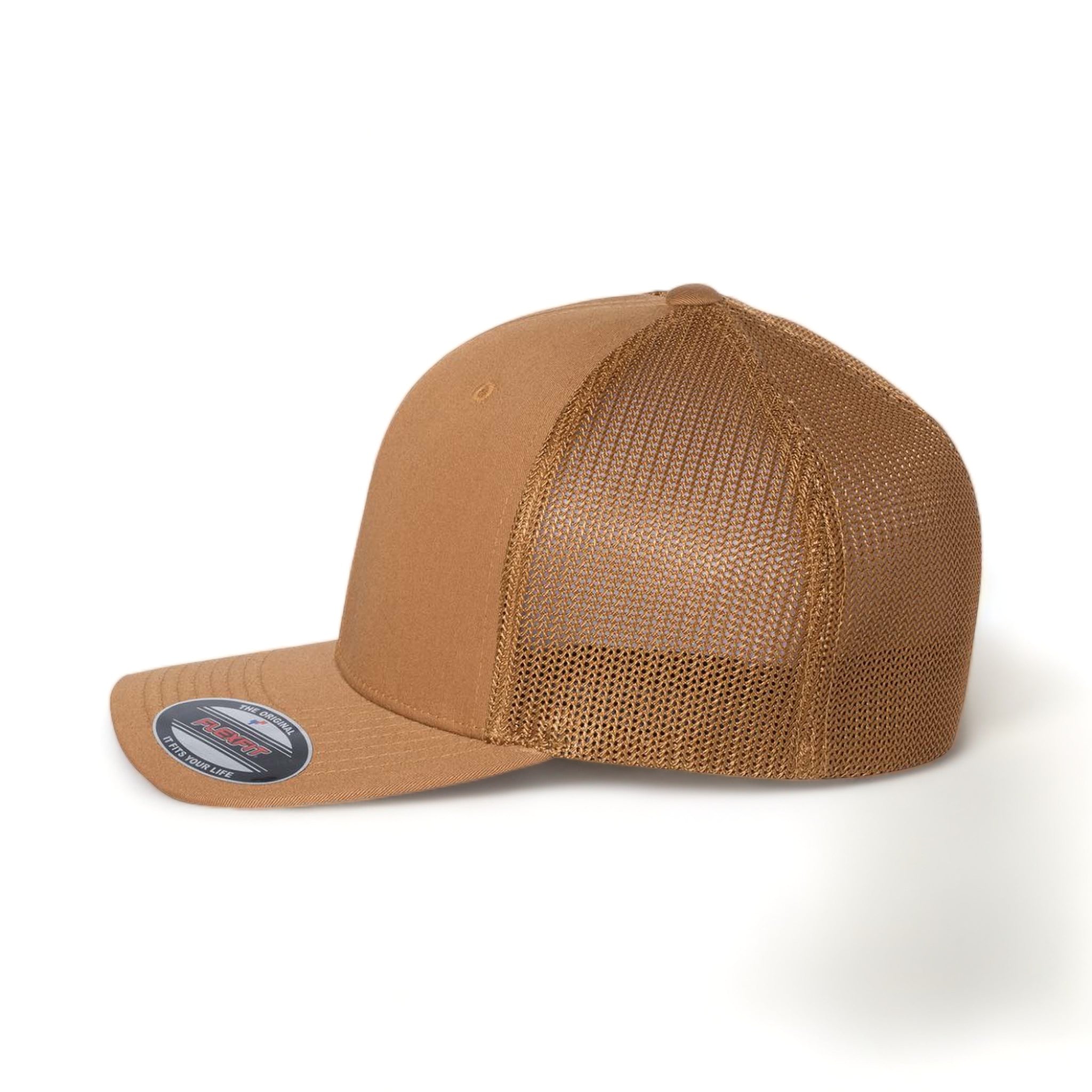 Side view of Flexfit 6511 custom hat in caramel
