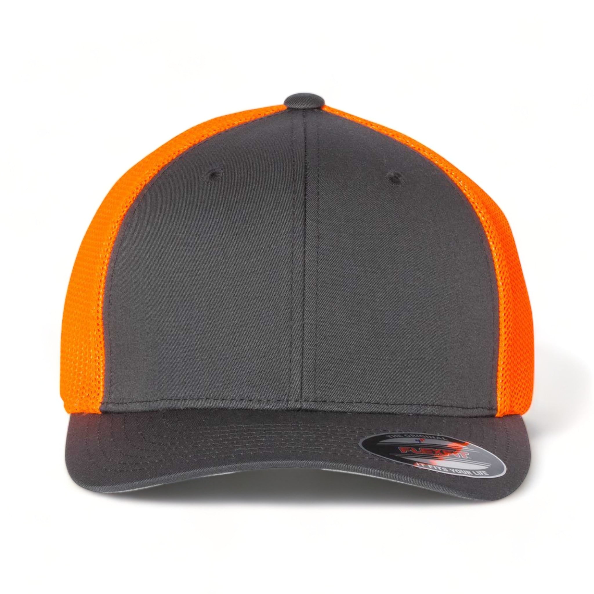 Front view of Flexfit 6511 custom hat in charcoal and neon orange