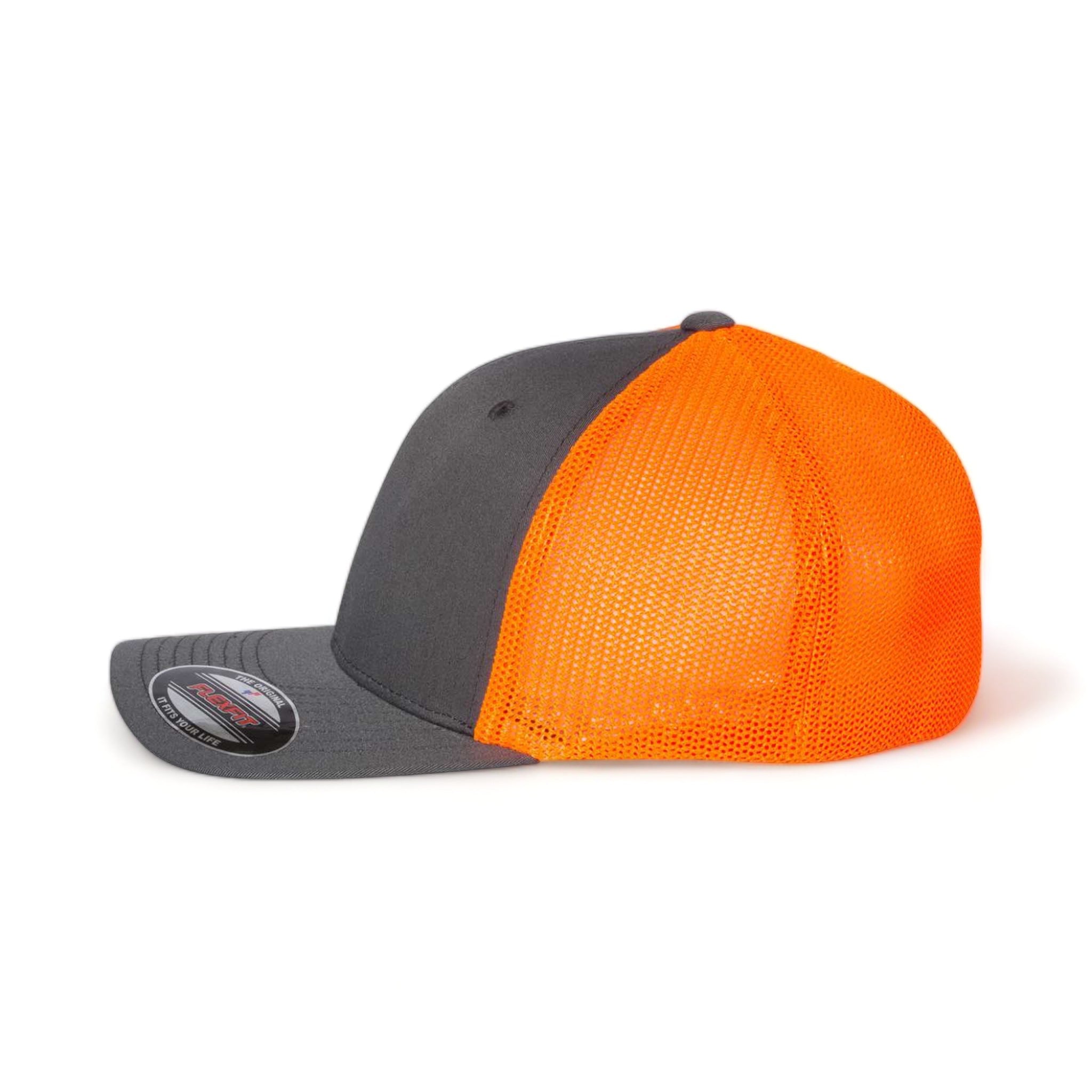 Side view of Flexfit 6511 custom hat in charcoal and neon orange
