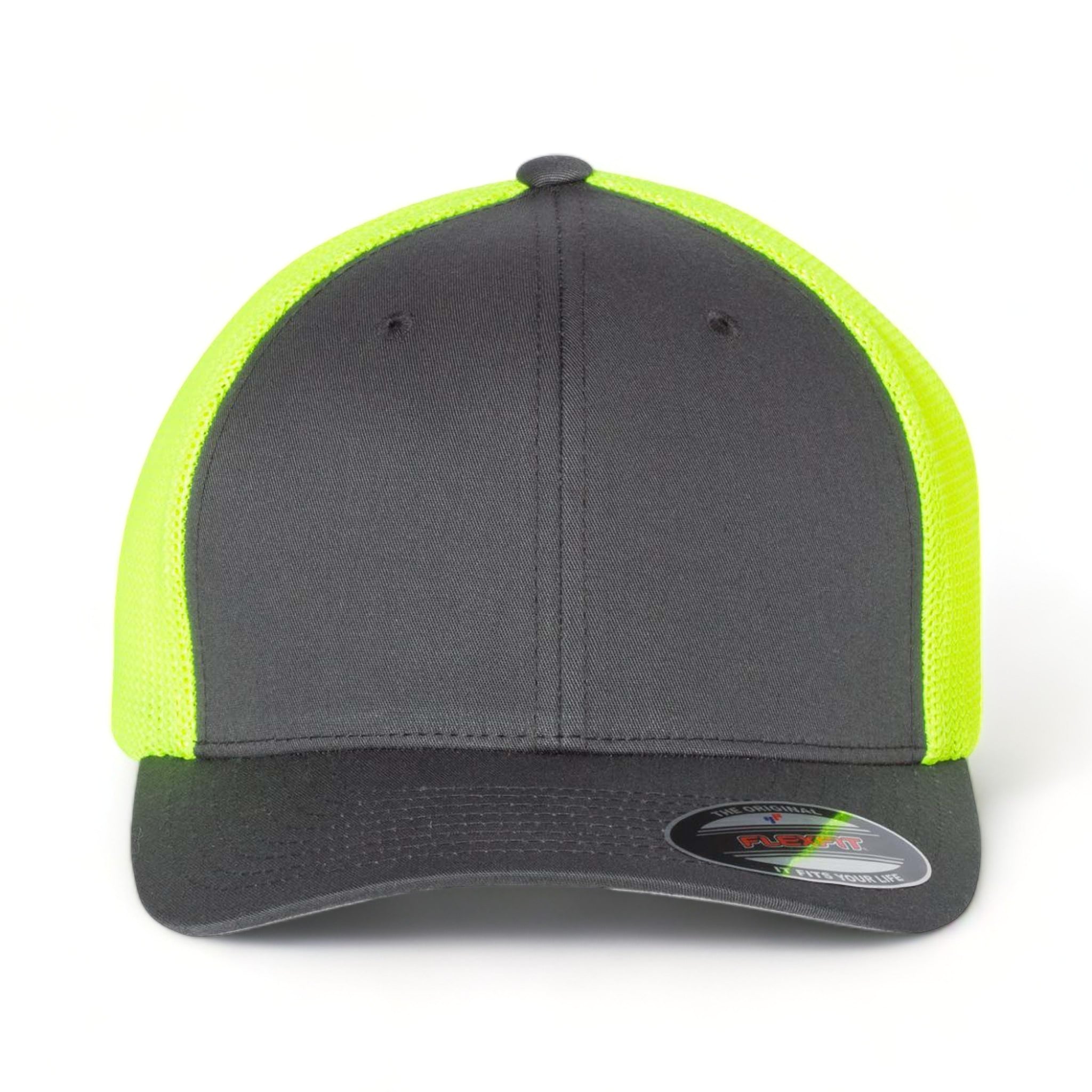 Front view of Flexfit 6511 custom hat in charcoal and neon yellow