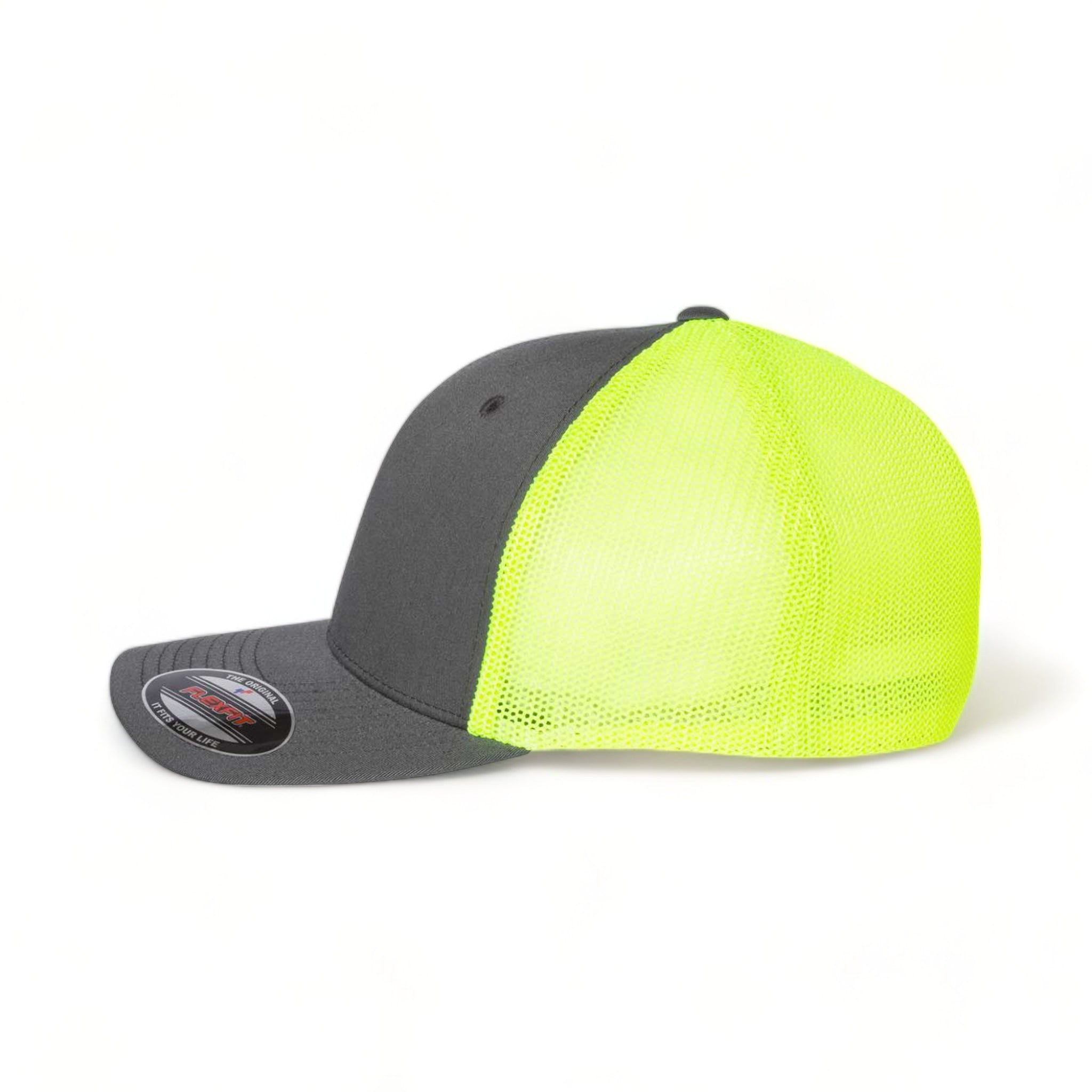 Side view of Flexfit 6511 custom hat in charcoal and neon yellow