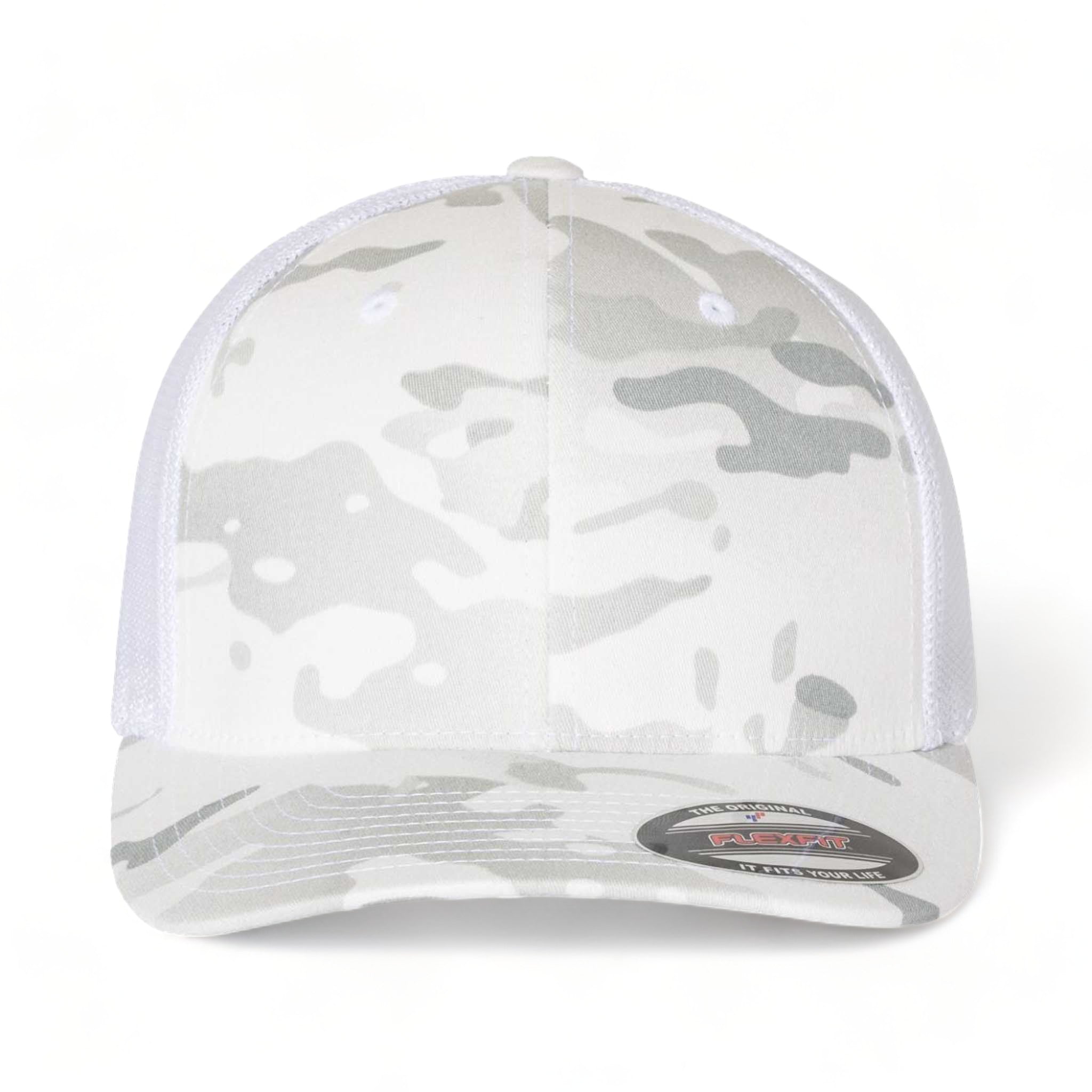 Front view of Flexfit 6511 custom hat in multicam alpine and white