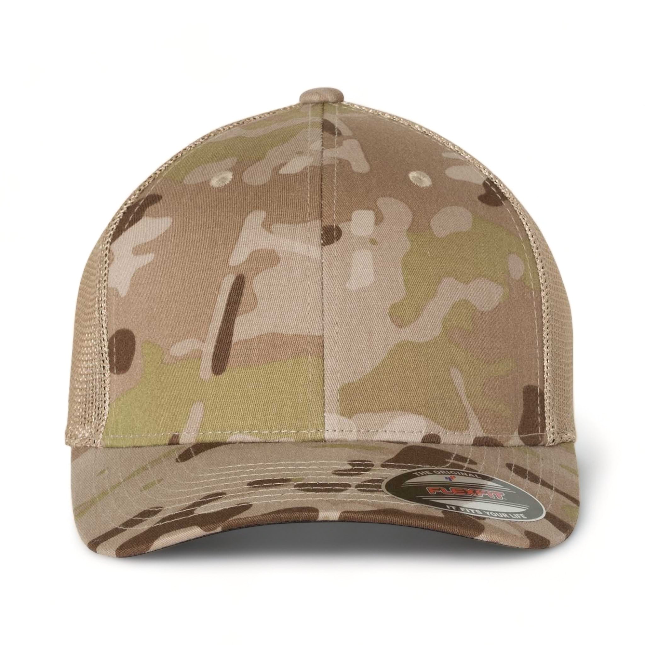 Front view of Flexfit 6511 custom hat in multicam arid and tan
