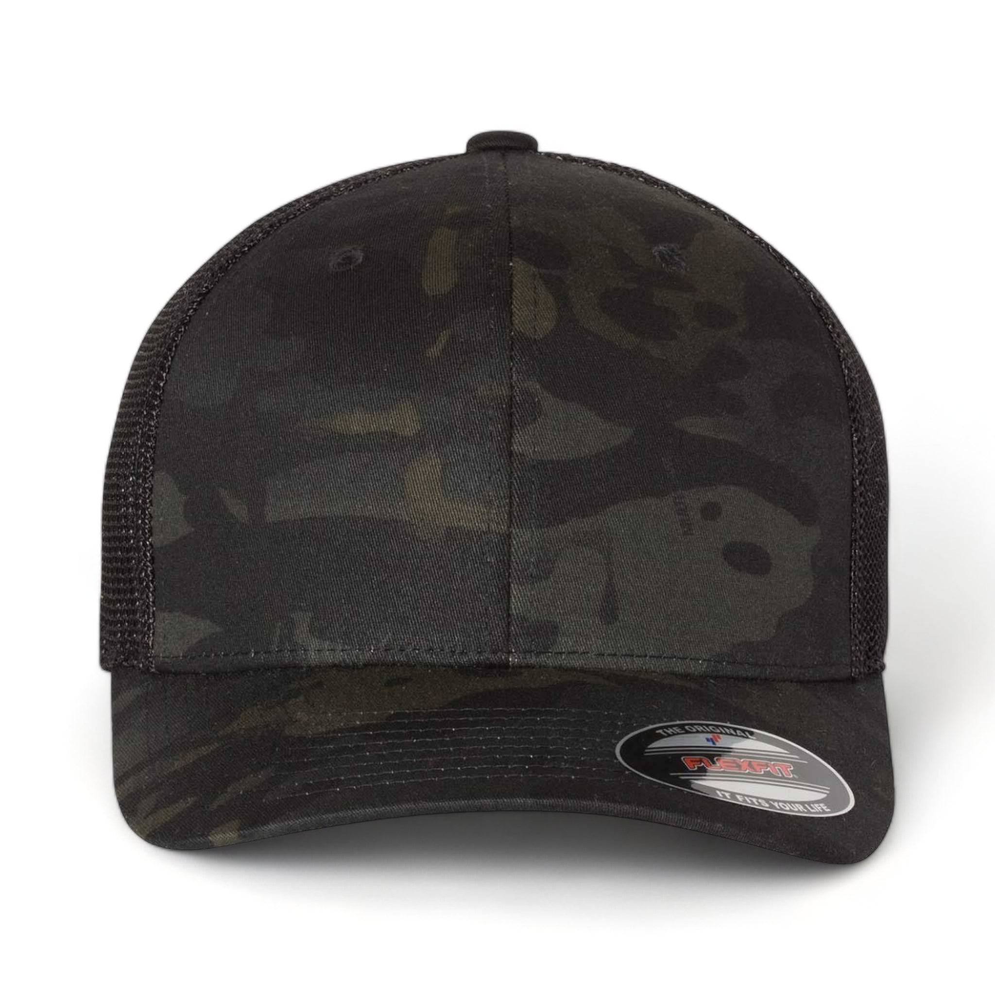 Front view of Flexfit 6511 custom hat in multicam black and black