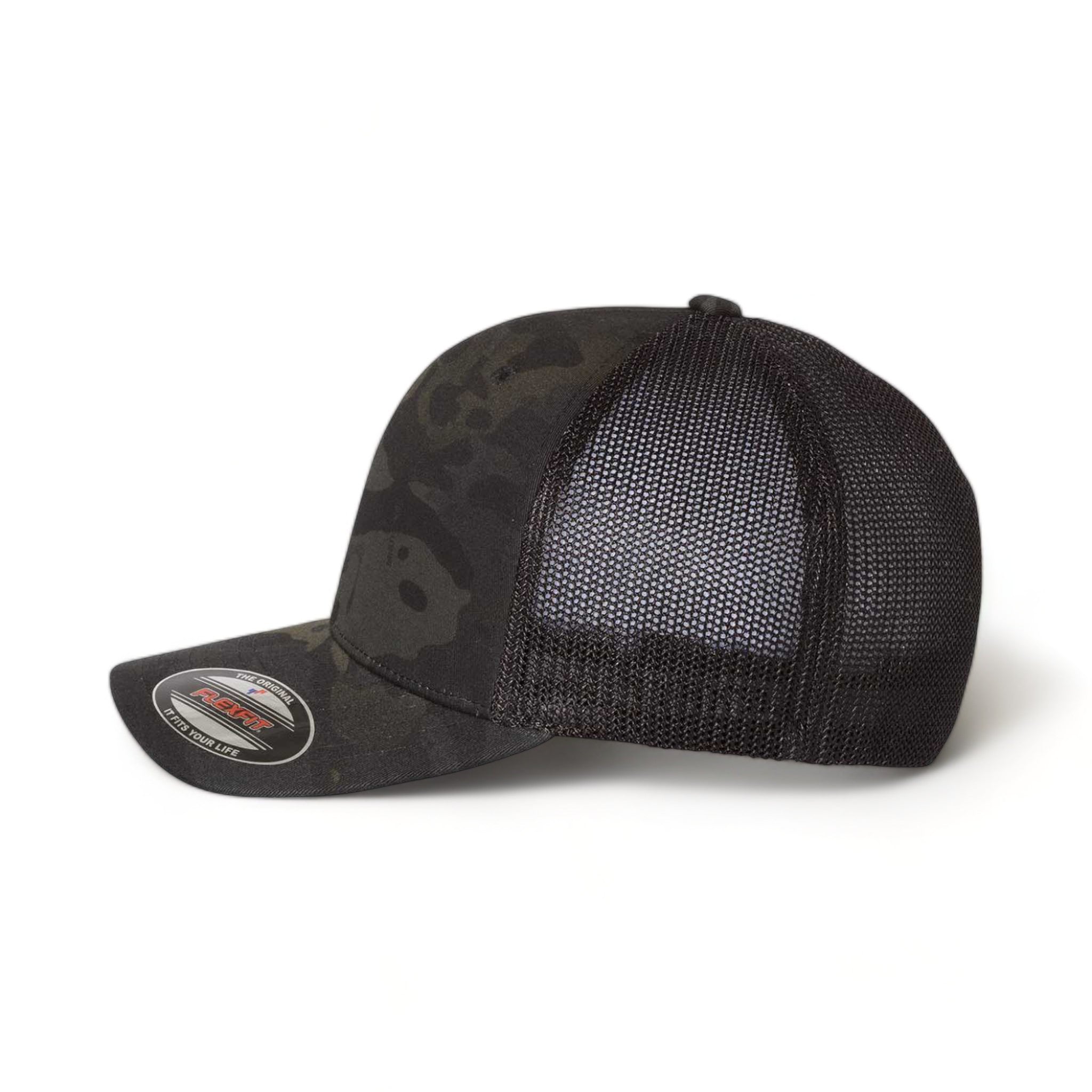 Side view of Flexfit 6511 custom hat in multicam black and black