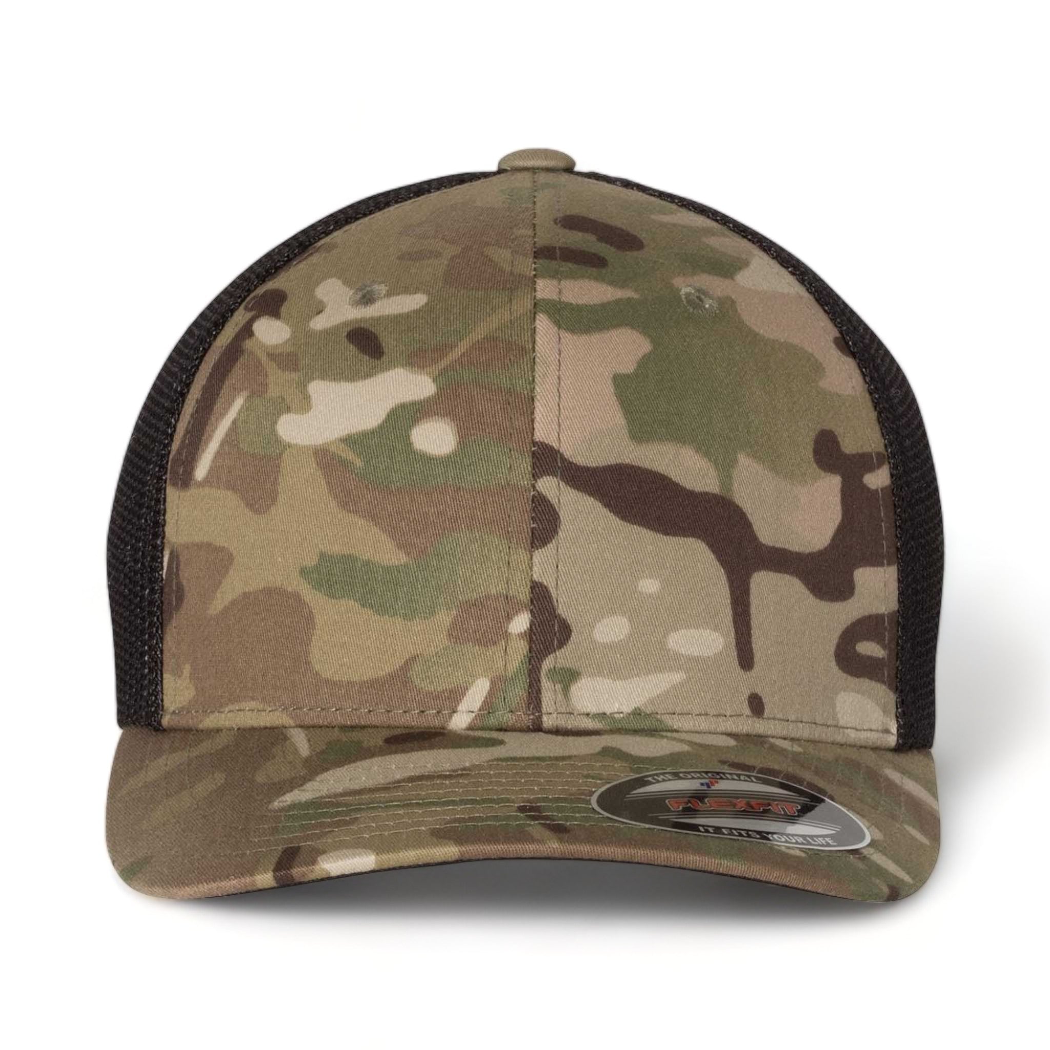 Front view of Flexfit 6511 custom hat in multicam green and black