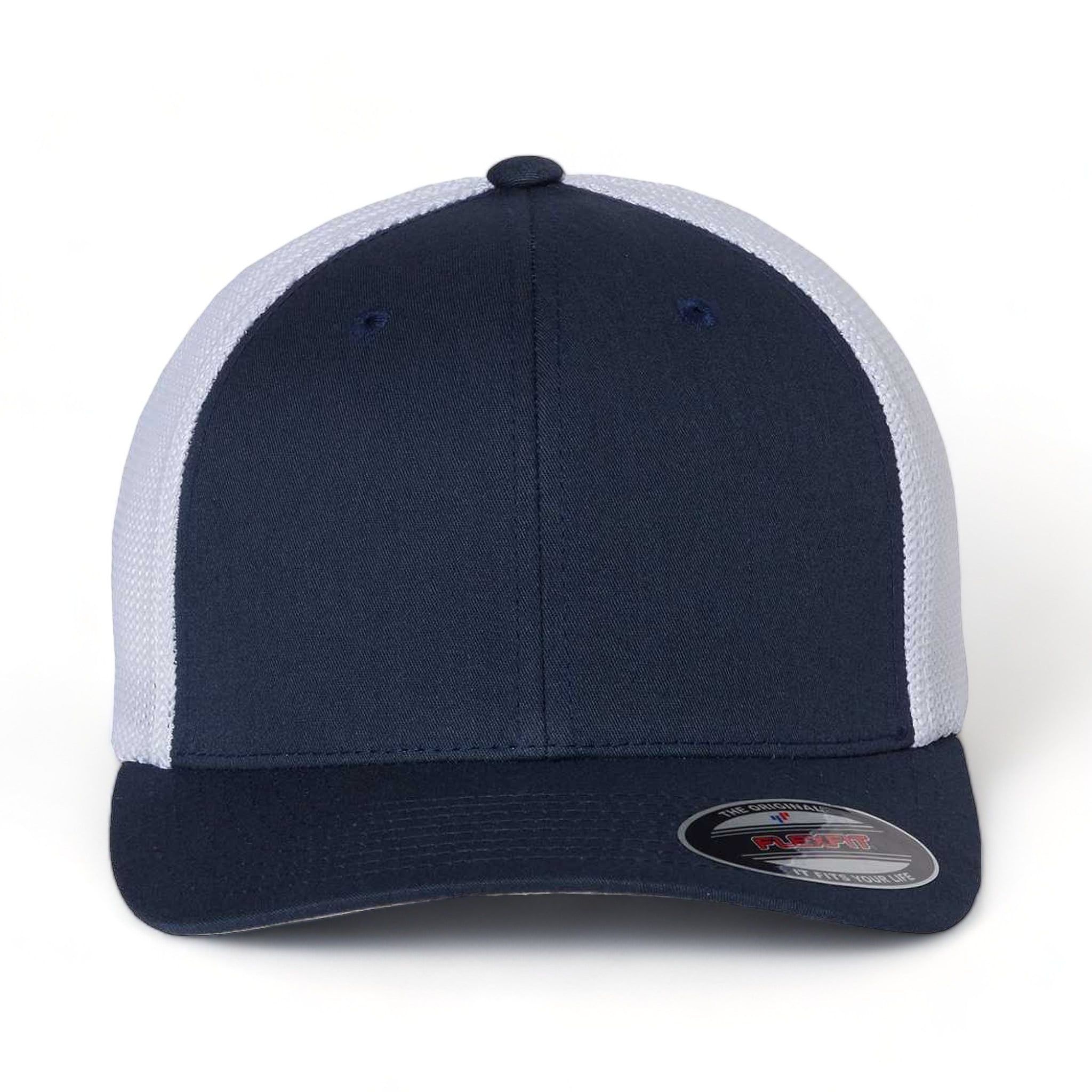 Front view of Flexfit 6511 custom hat in navy and white