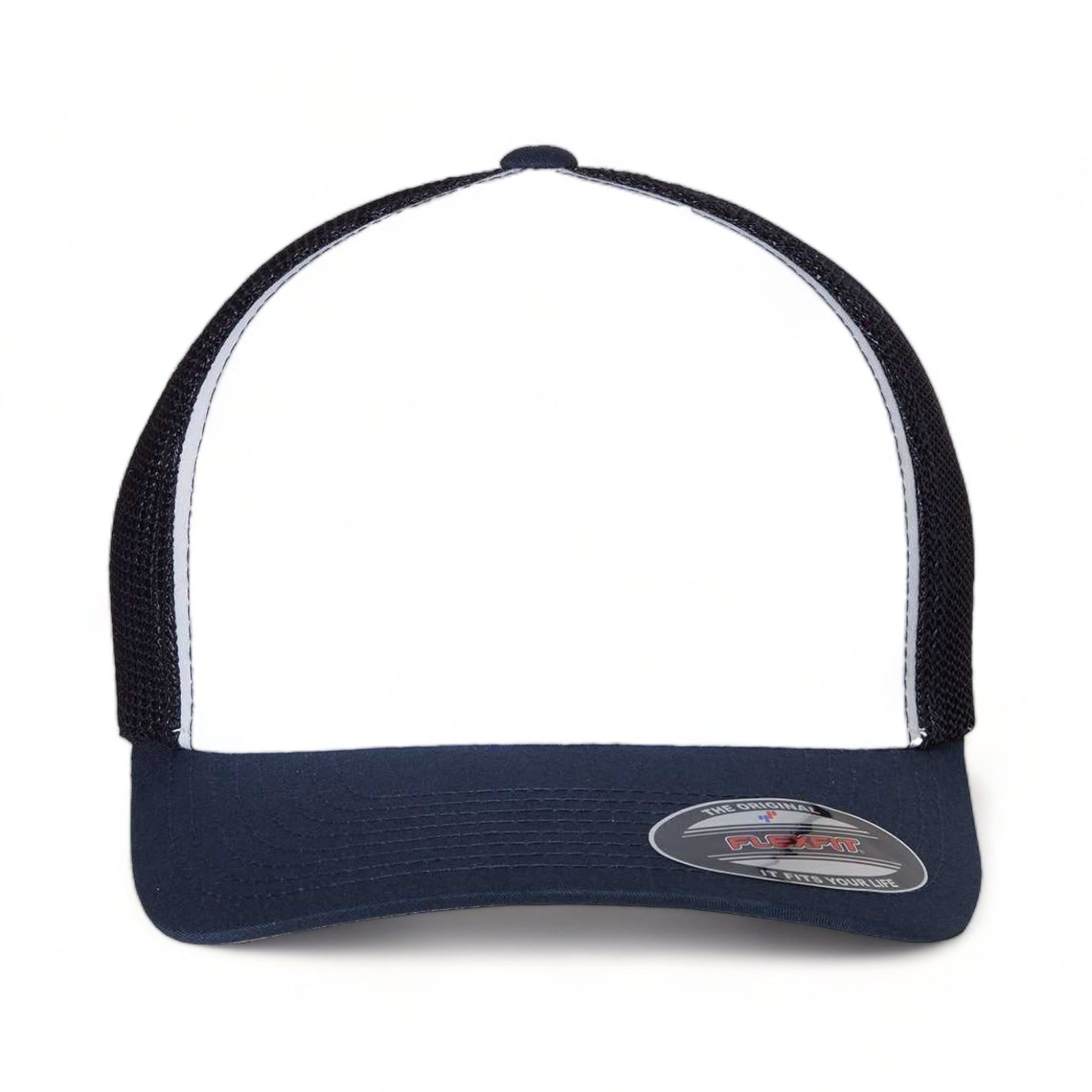 Front view of Flexfit 6511 custom hat in navy, white and navy