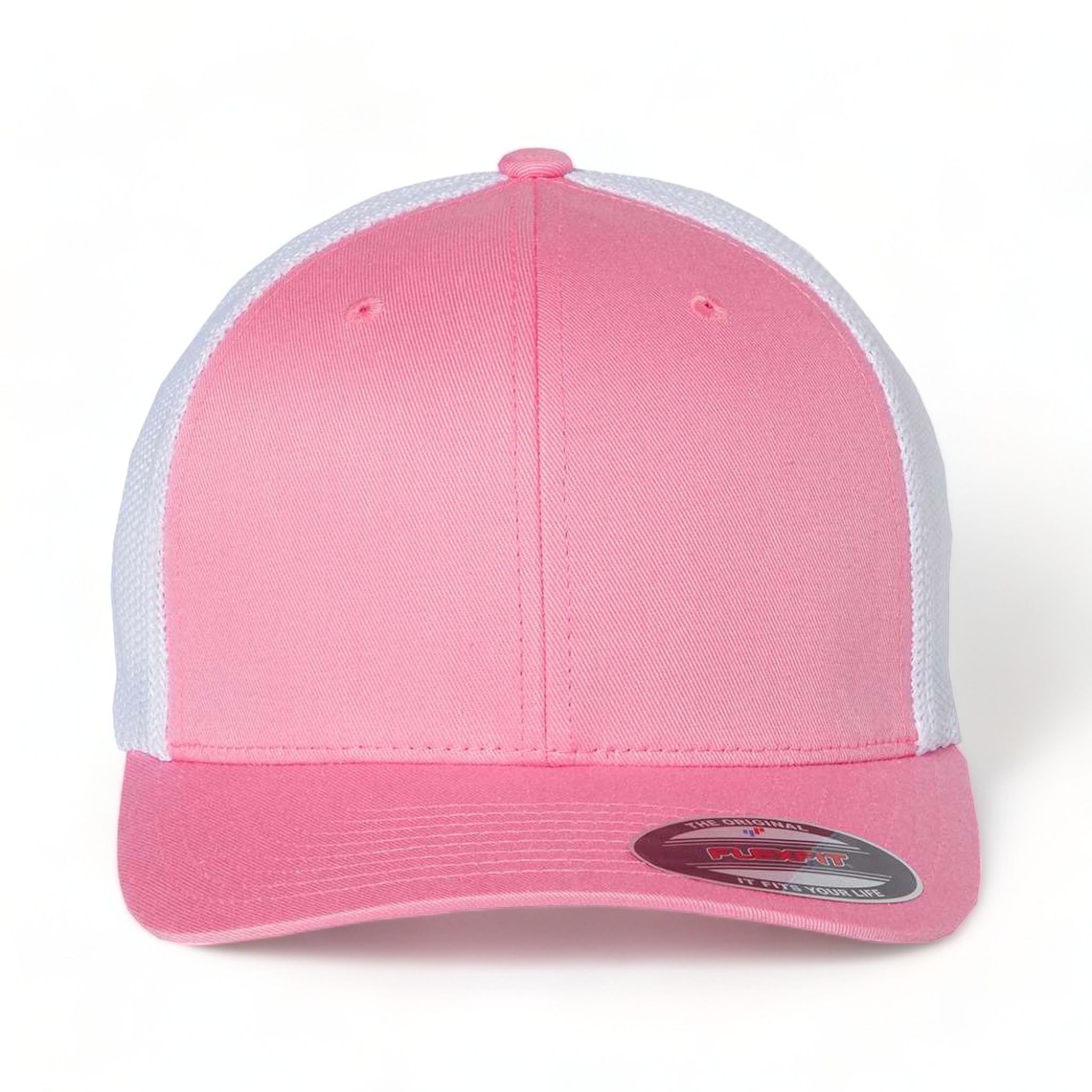 Front view of Flexfit 6511 custom hat in pink and white