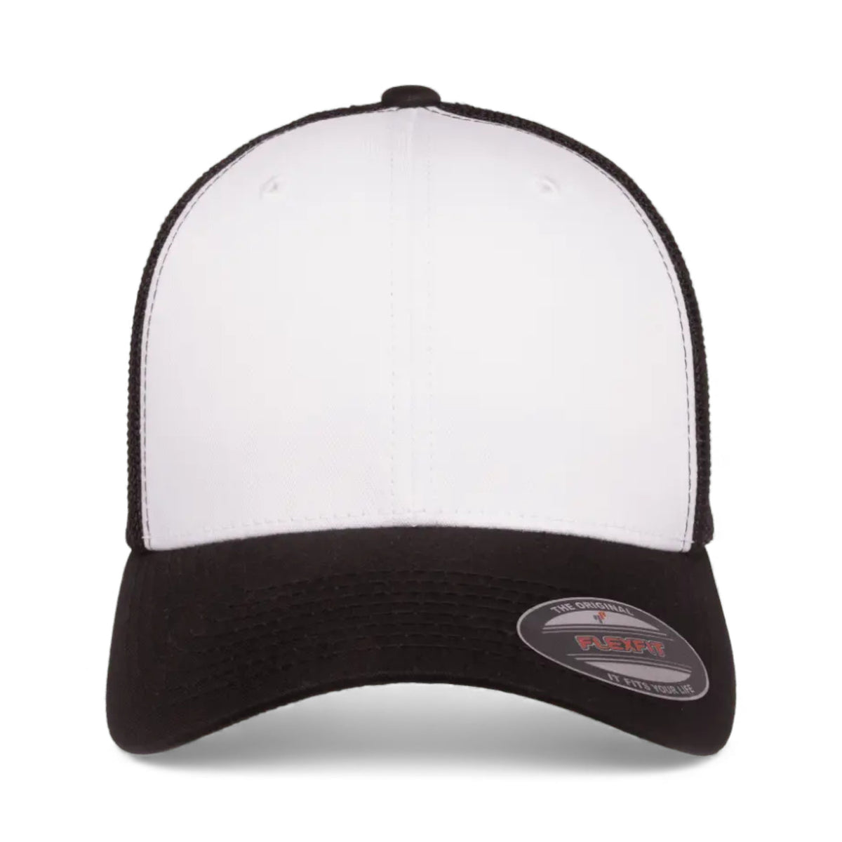 Front view of Flexfit 6511 custom hat in black, white and black