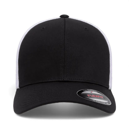 Front view of Flexfit 6511 custom hat in black and white