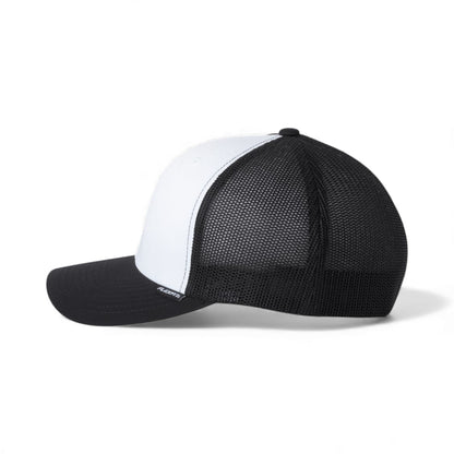 Left side view of Flexfit 6511 custom hat in black, white and black