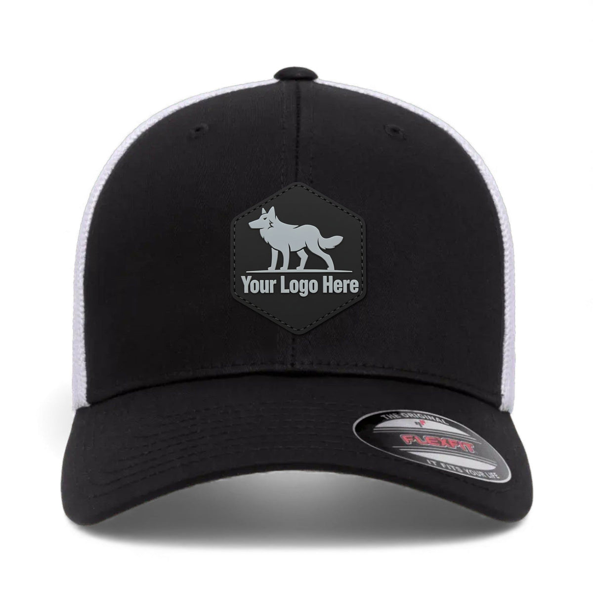 PVC patch preview of Flexfit 6511 custom hat in black and white