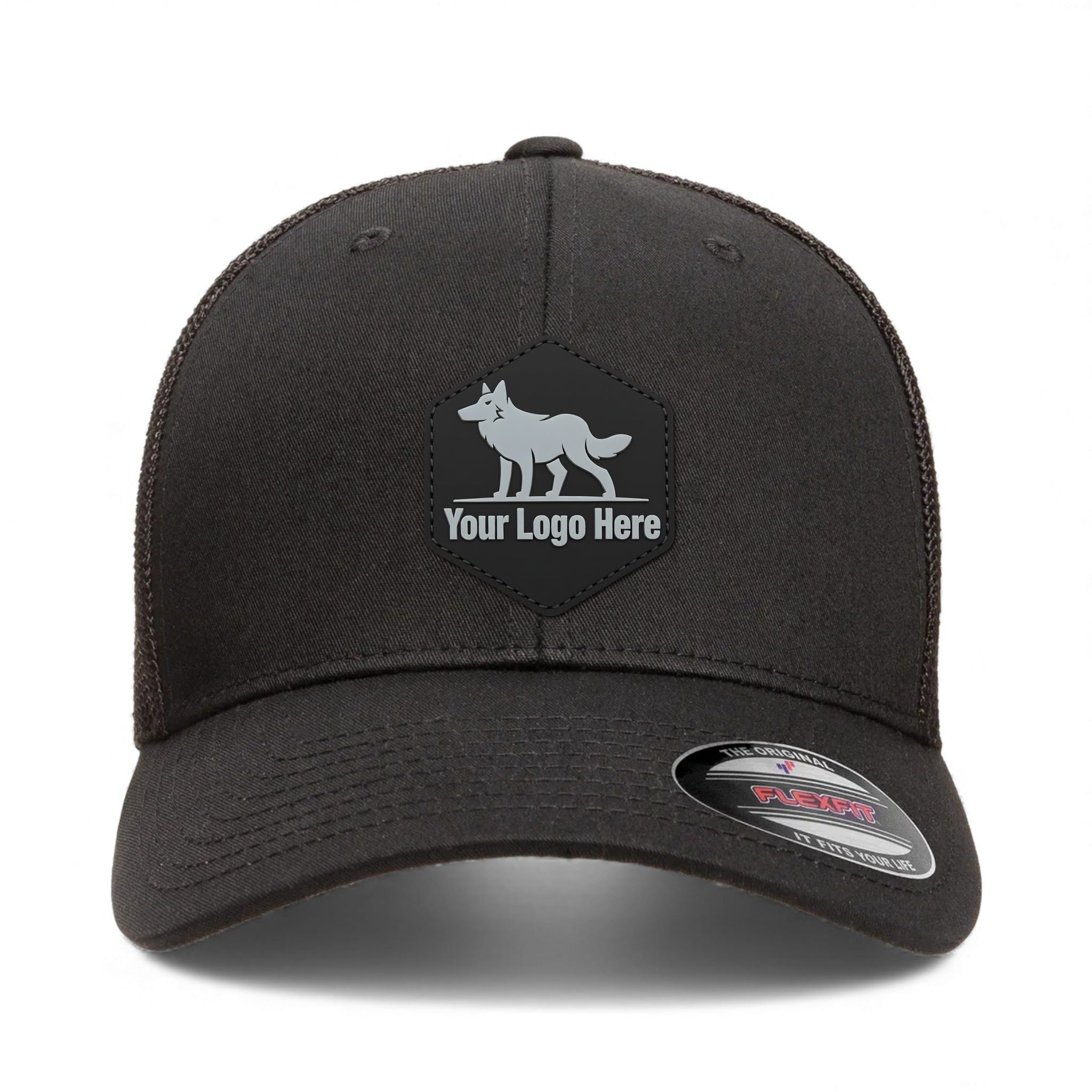 PVC patch preview of Flexfit 6511 custom hat in black