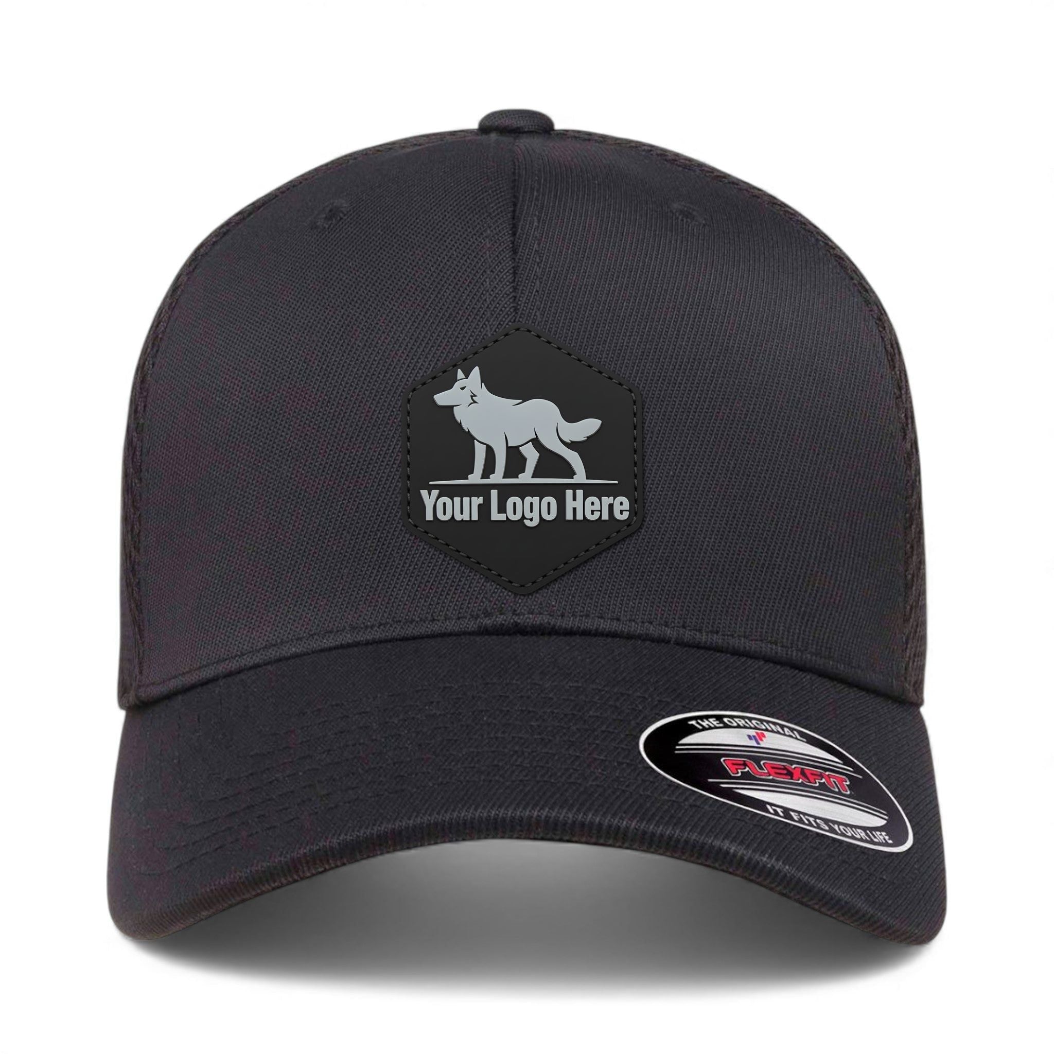 PVC patch preview of Flexfit 6533 custom hat in black
