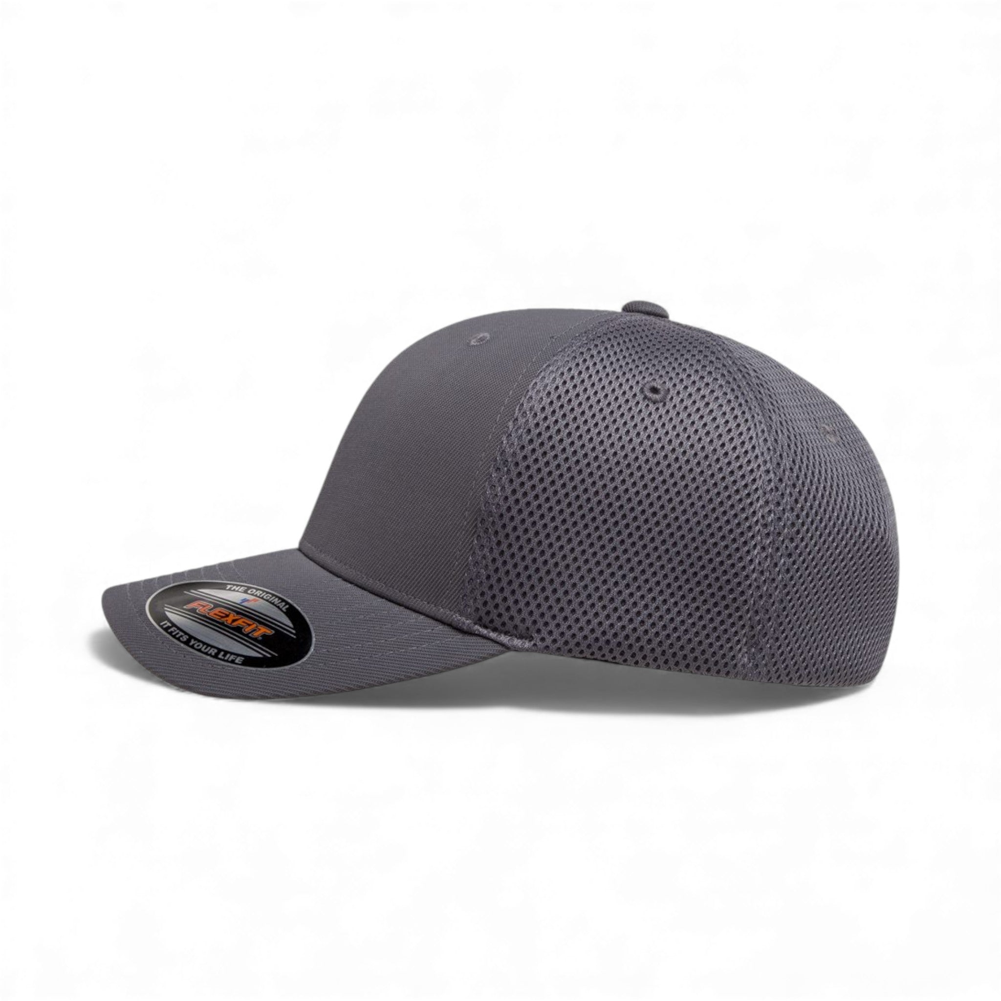 Left side view of Flexfit 6533 custom hat in dark grey