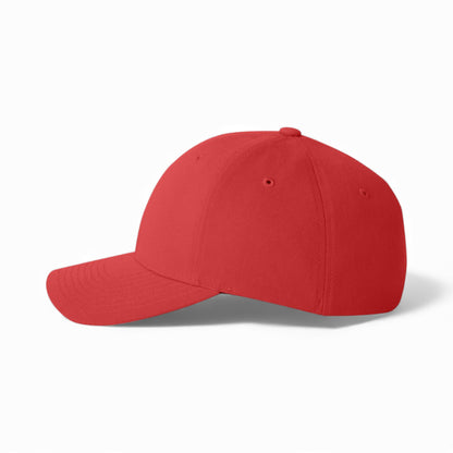 Left side view of Flexfit 6580 custom hat in red