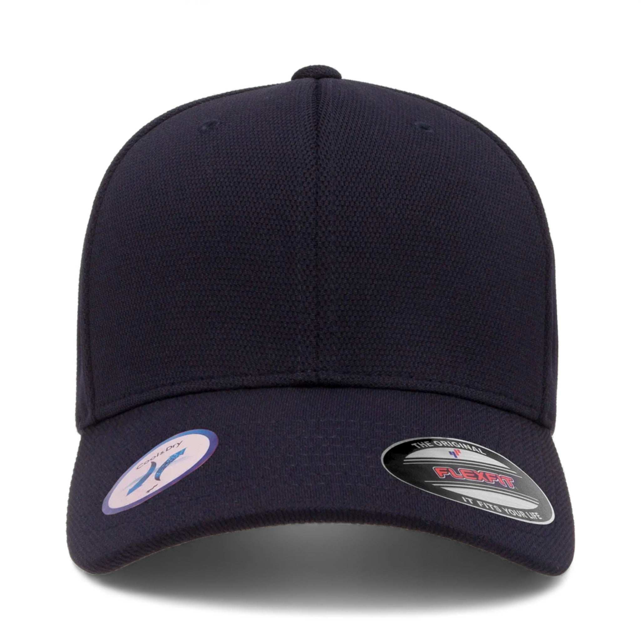 Front view of Flexfit 6597 custom hat in navy