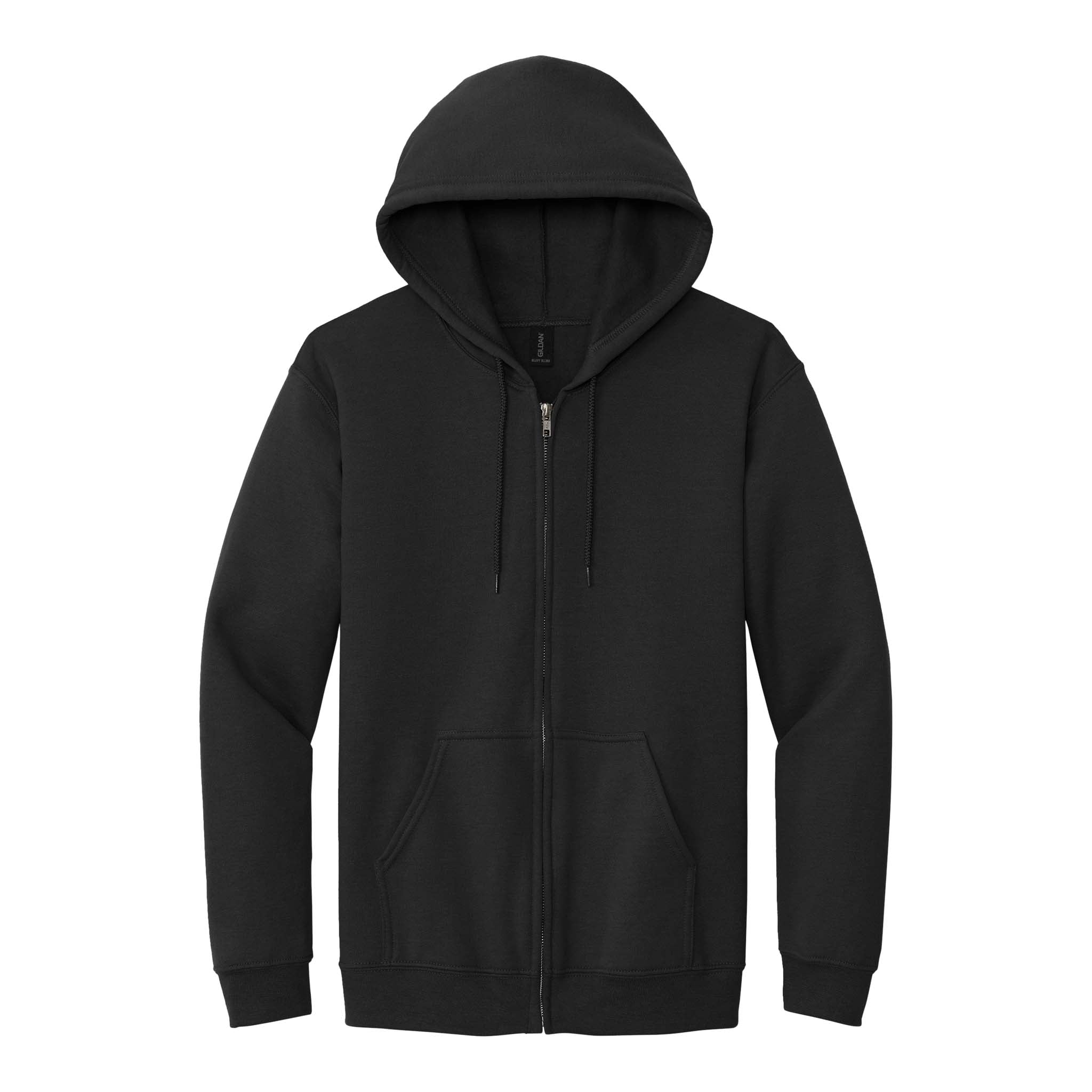 Gildan 18600 custom full-zip hoodie in black, front view