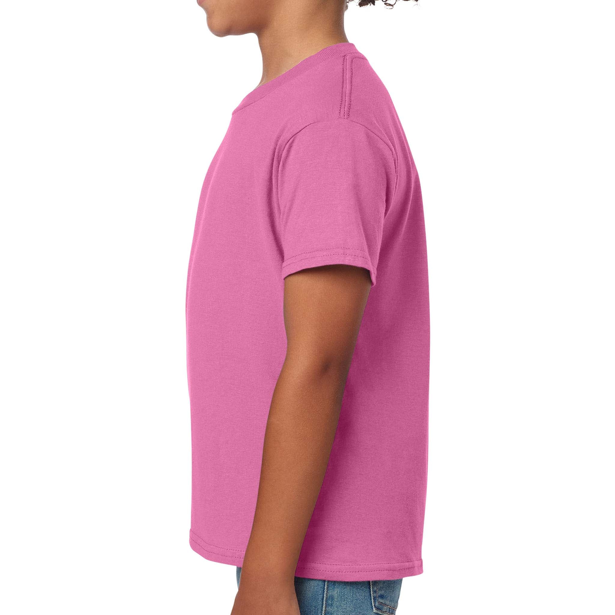 Gildan 64000B custom short sleeve t-shirt in azalea, left side view
