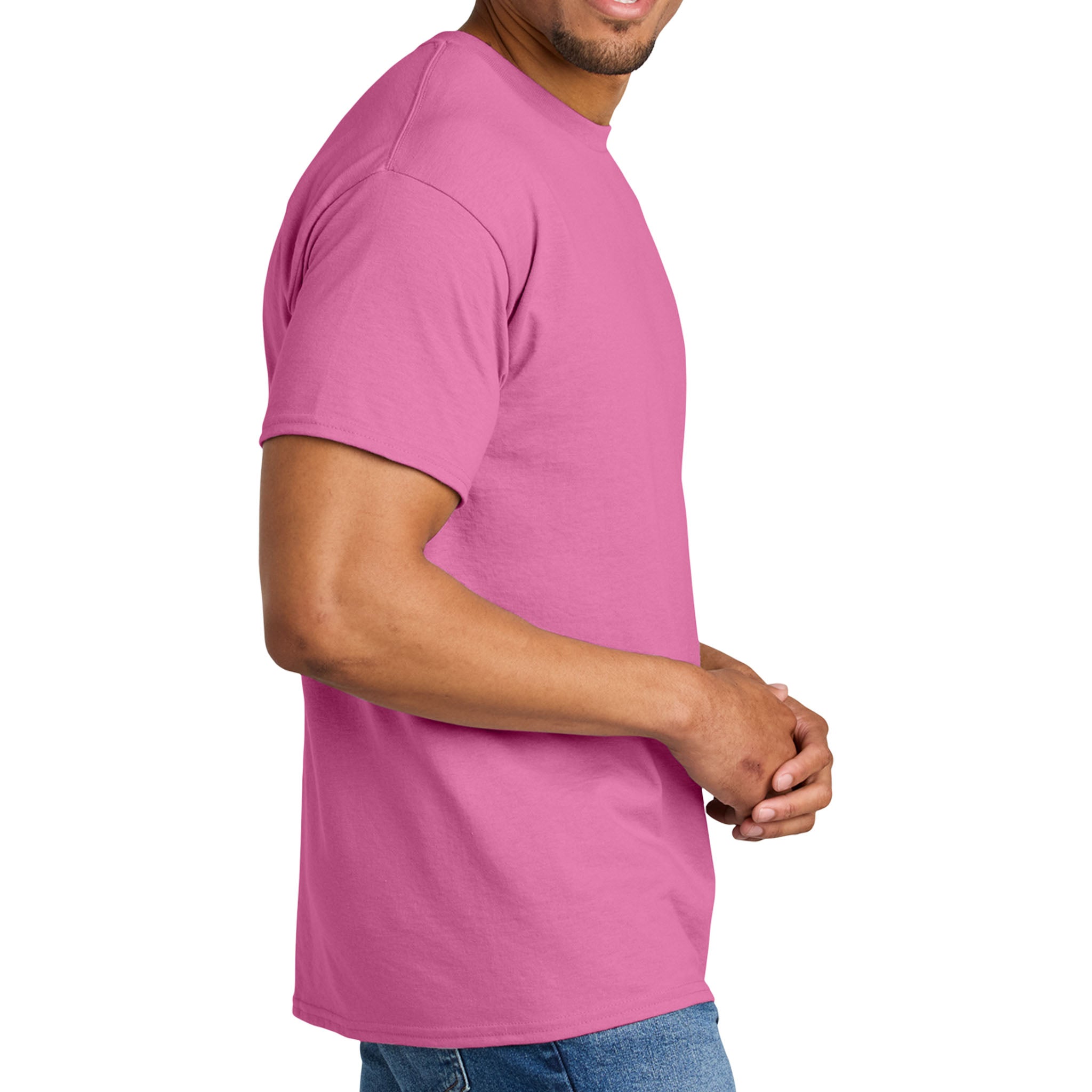 Gildan 8000 custom long sleeve t-shirt in azalea, right side view