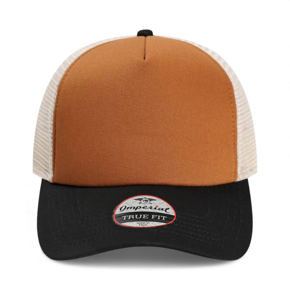 Front view of Imperial 1287 custom hat in buckthorn brown, black and stone