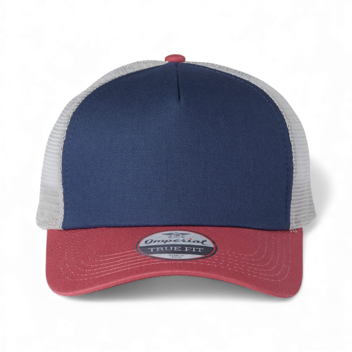 Front view of Imperial 1287 custom hat in royal, nantucket and grey