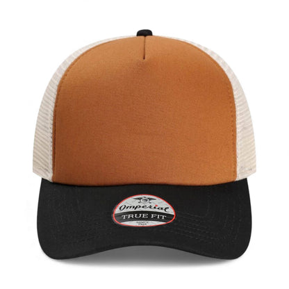 Front view of Imperial 1287 custom hat in buckthorn brown, black and stone