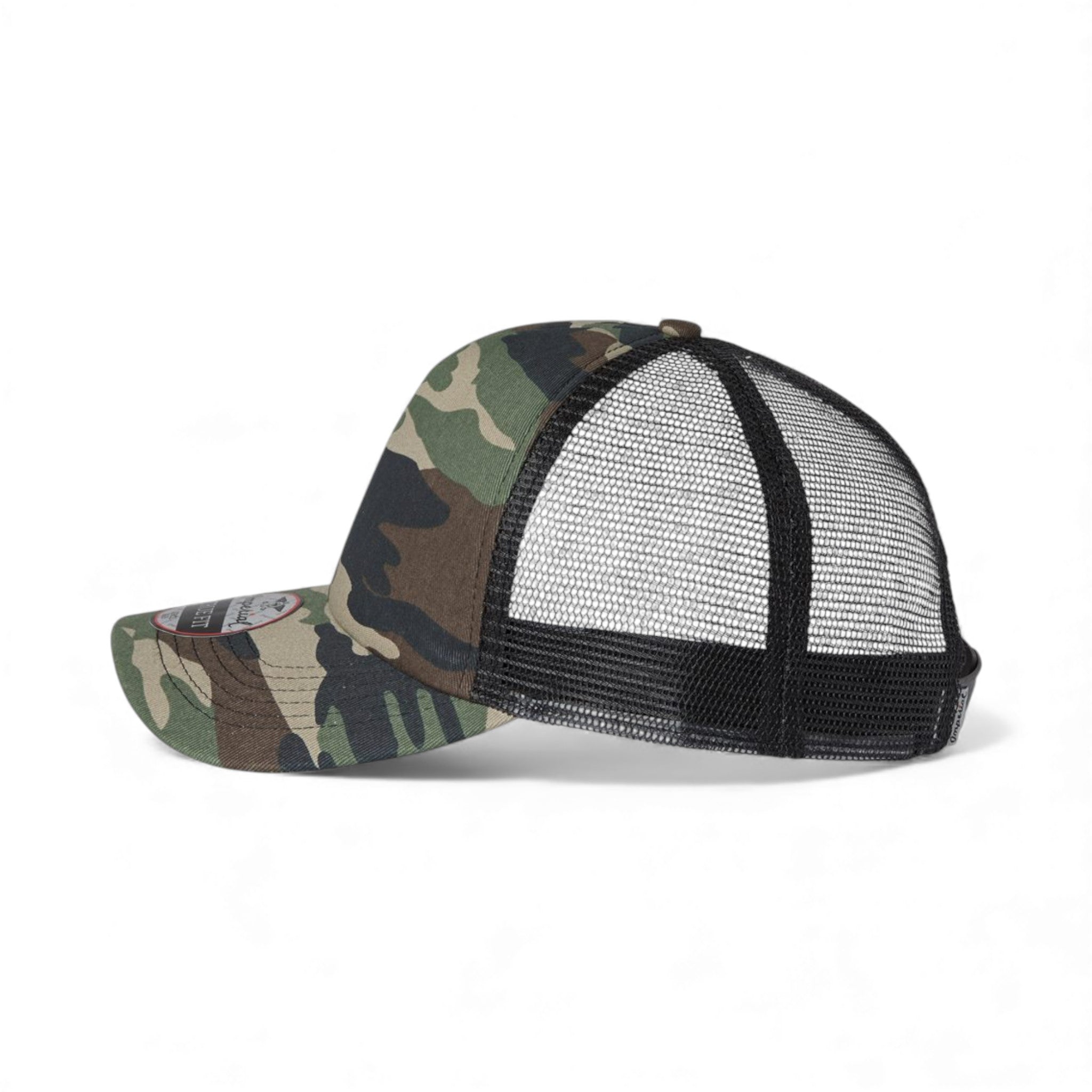 Left side view of Imperial 1287 custom hat in camo and black