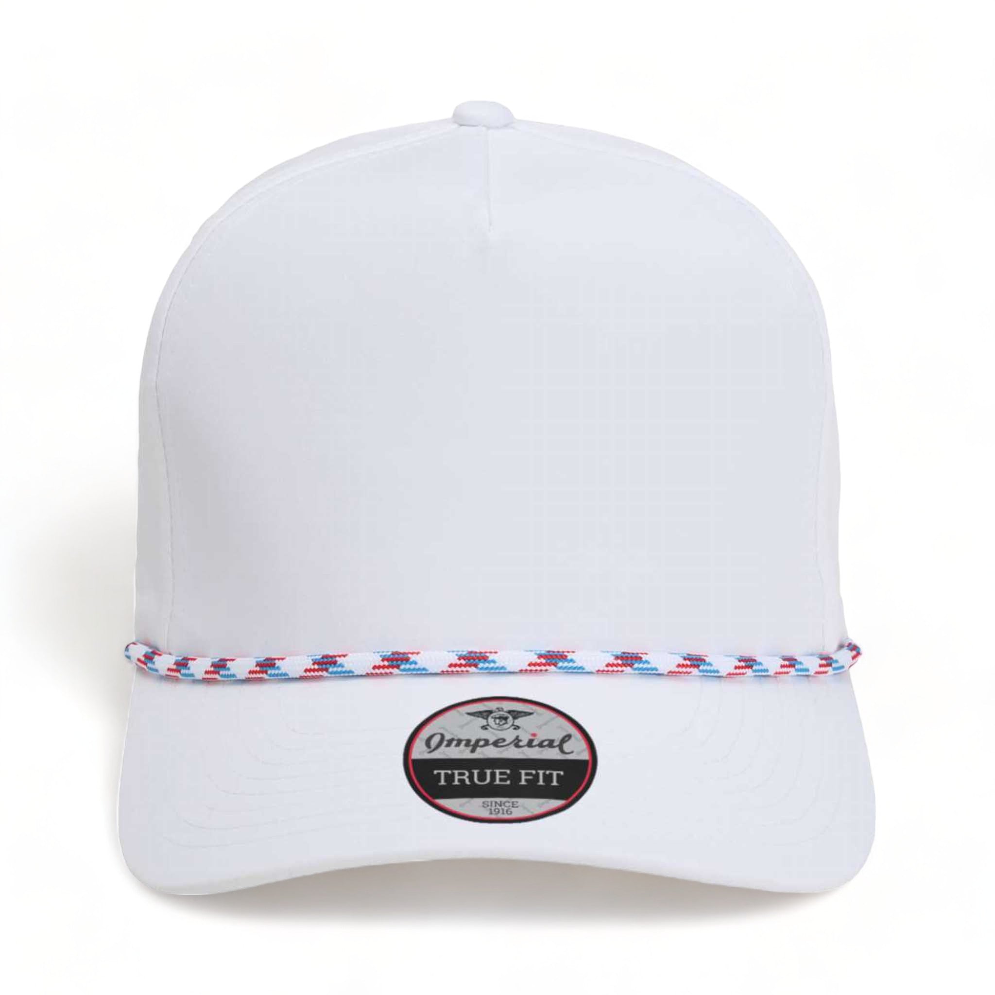 Front view of Imperial 5054 custom hat in white and light blue-red