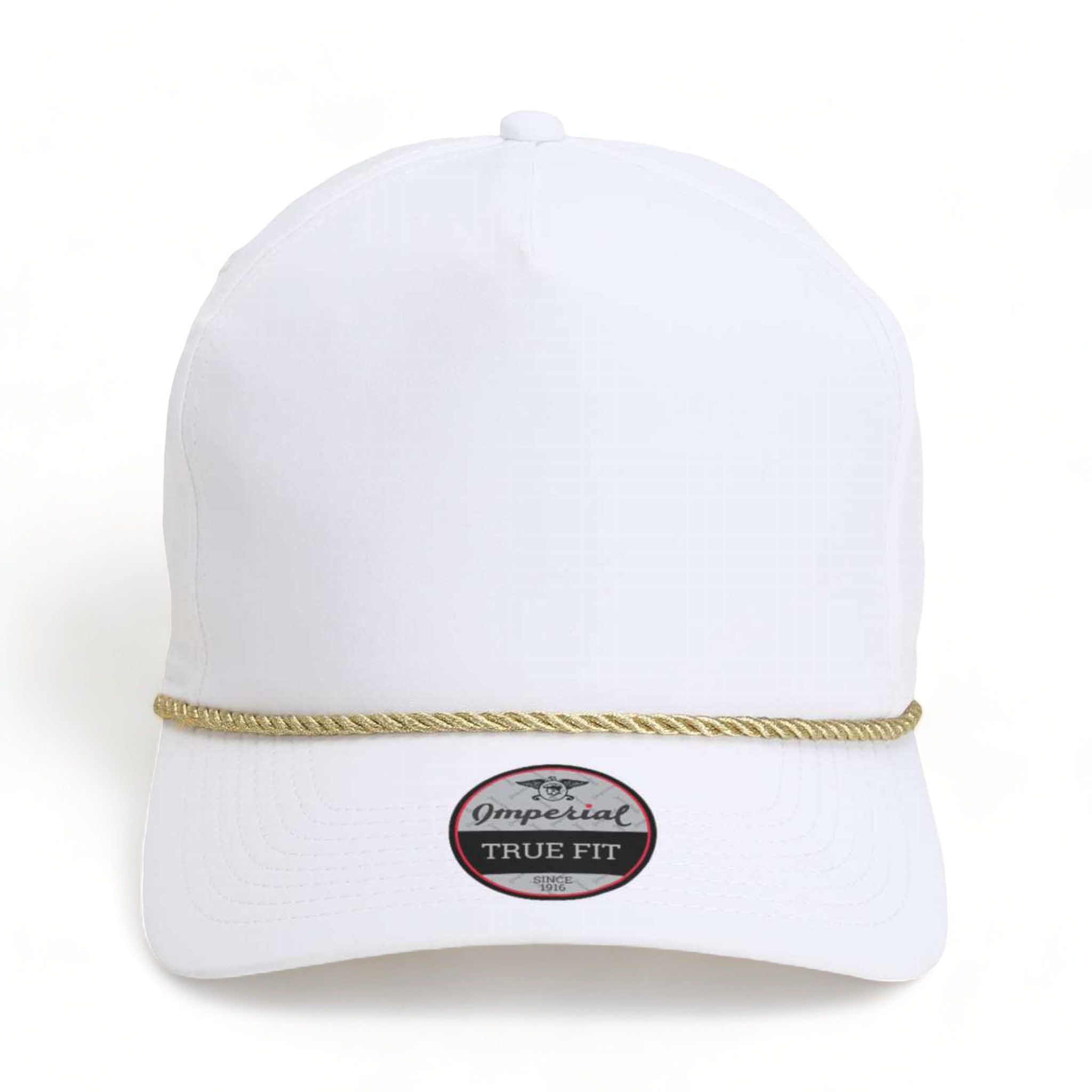 Front view of Imperial 5054 custom hat in white and metallic gold
