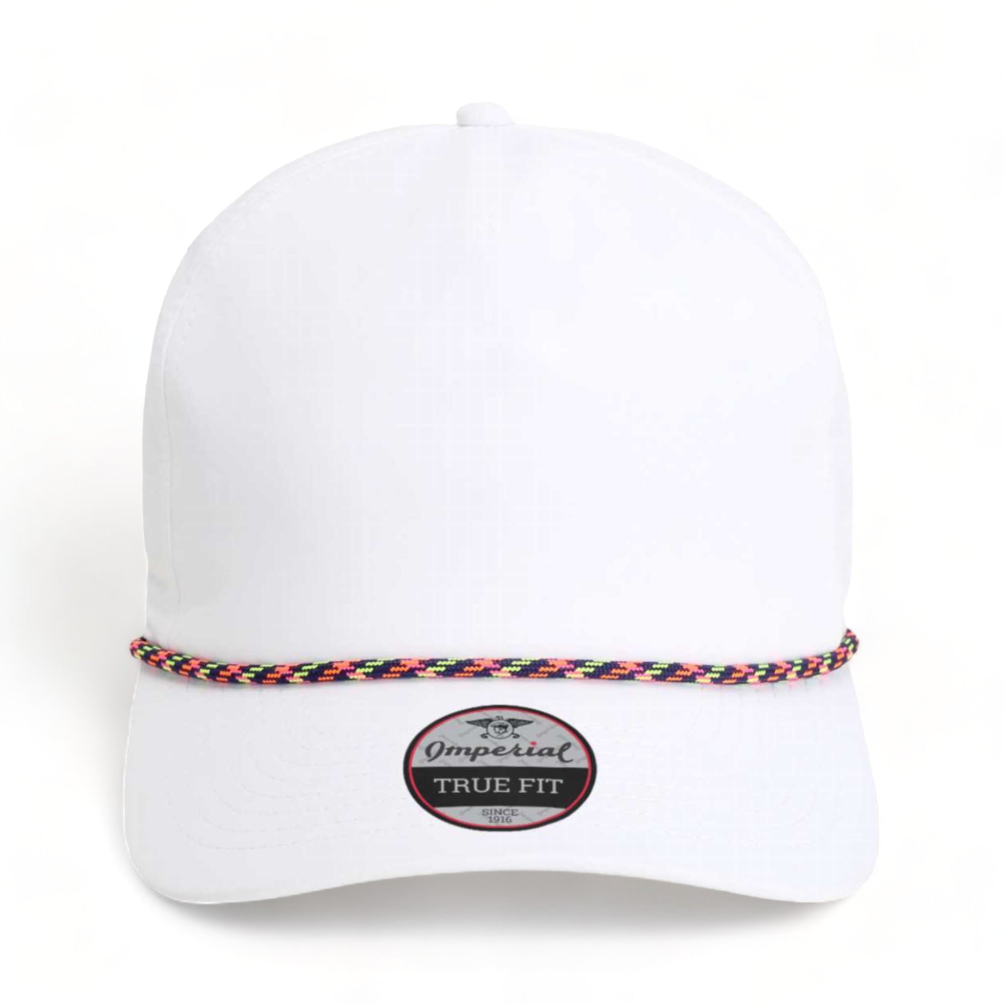 Front view of Imperial 5054 custom hat in white, navy and neon
