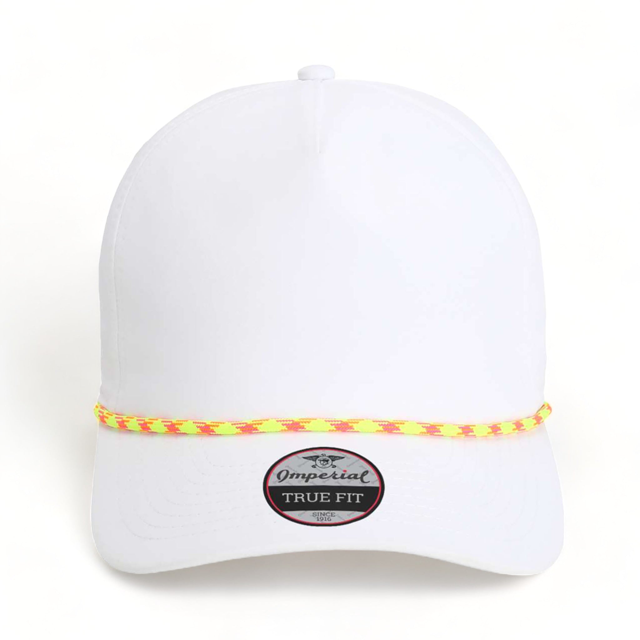 Front view of Imperial 5054 custom hat in white and neon mix