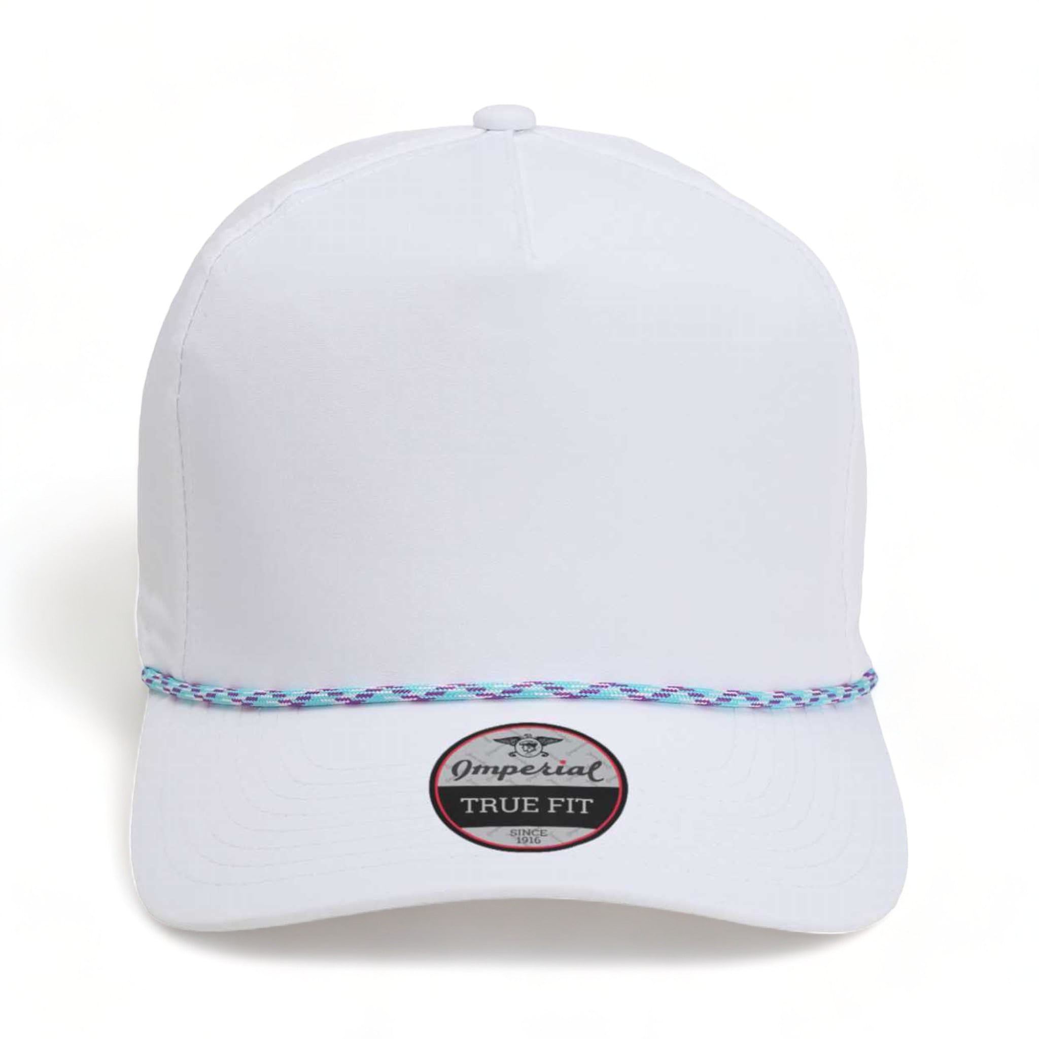 Front view of Imperial 5054 custom hat in white and teal-purple